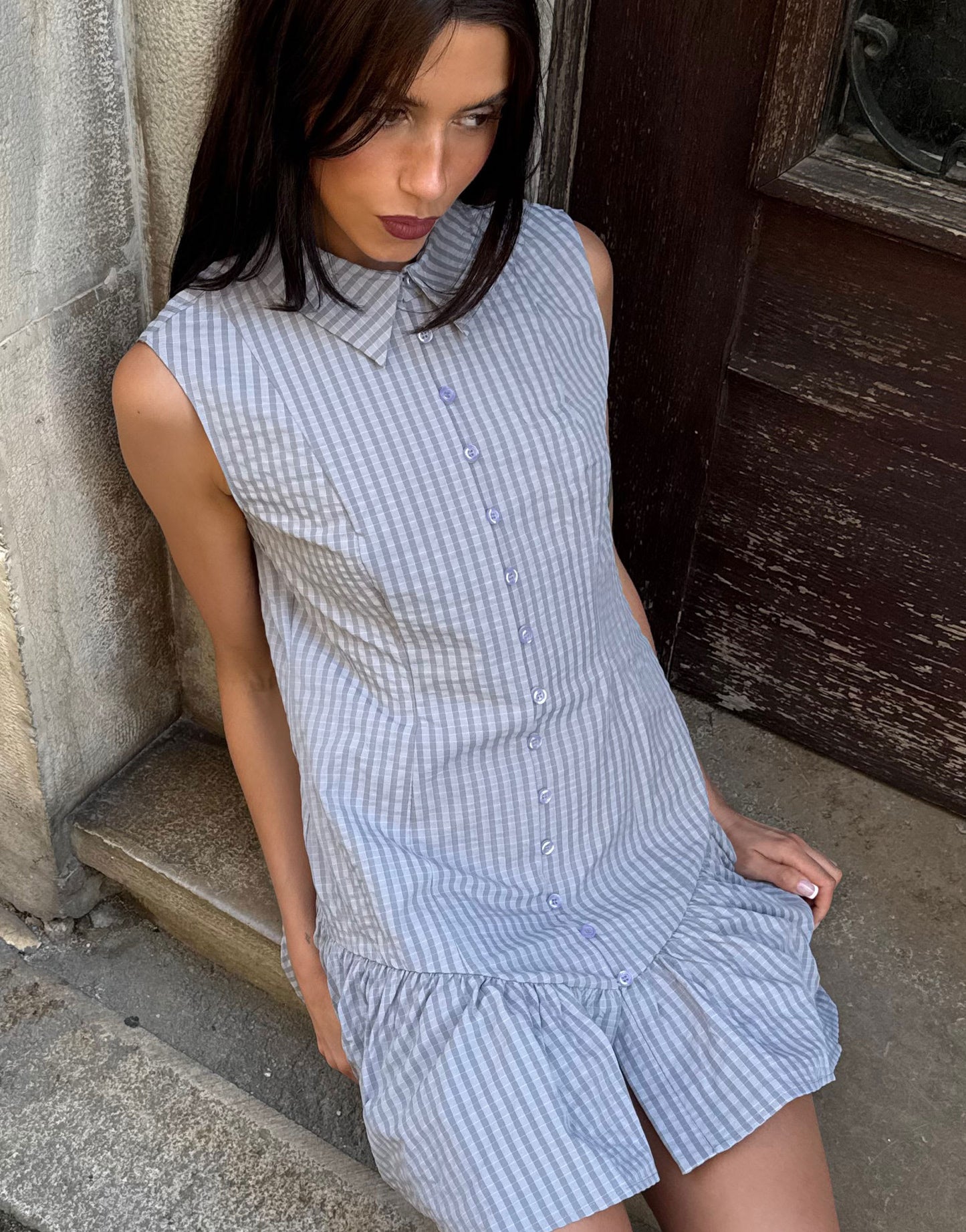 Labelrail x Barbara Ines fitted ripstop button through mini dress in grey