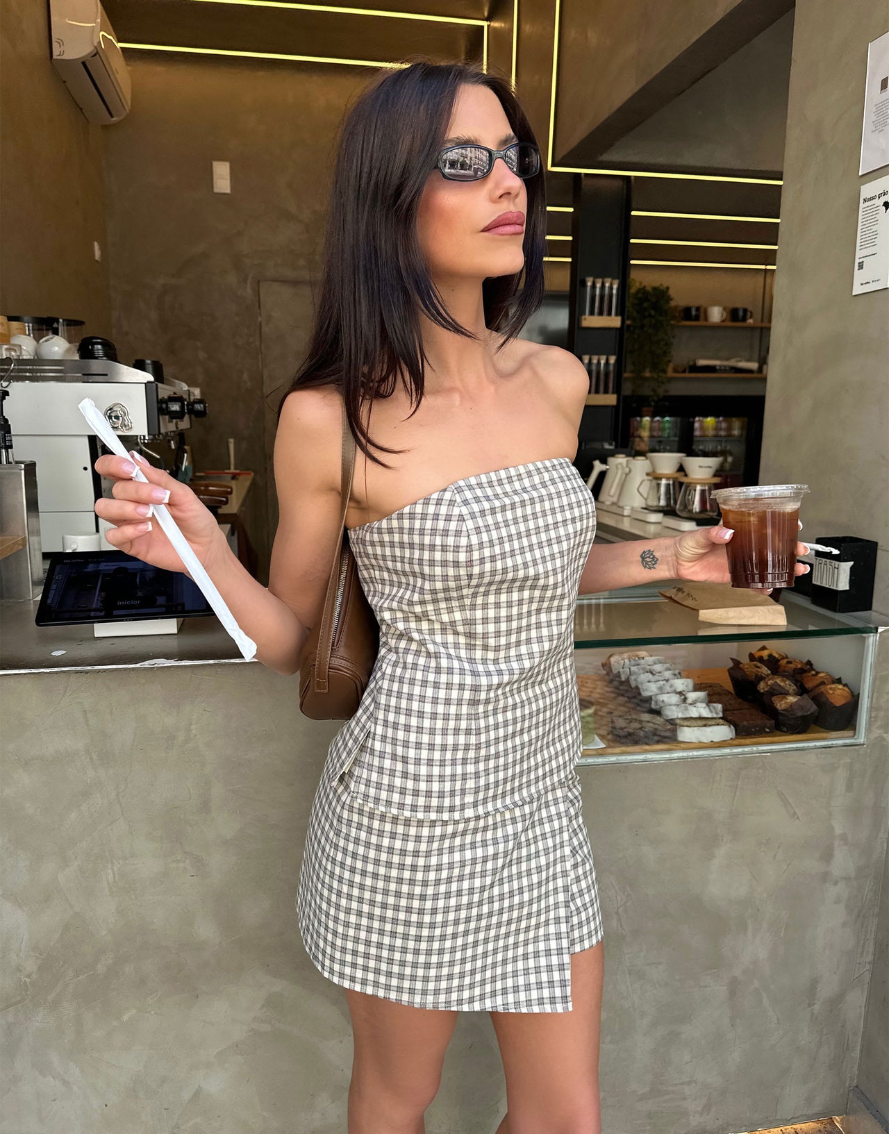 Labelrail x Barbara Ines check bustier co-ord top in brown