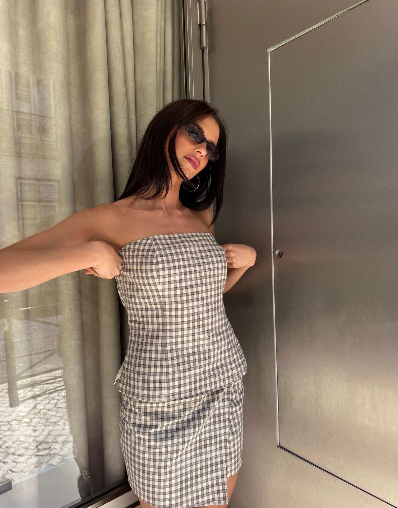 Labelrail x Barbara Ines check bustier co-ord top in brown