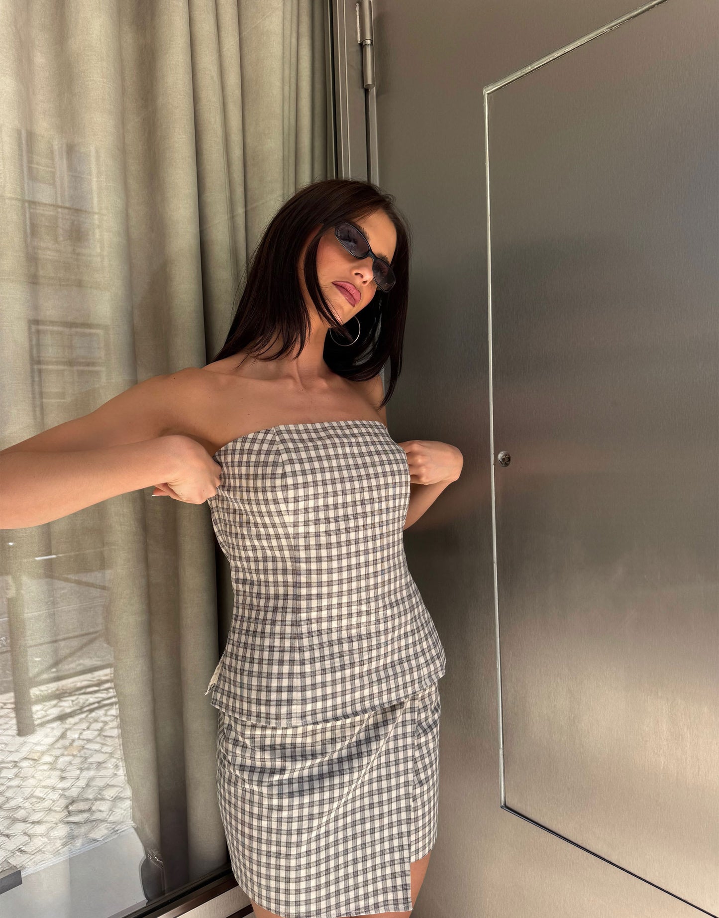 Labelrail x Barbara Ines check bustier co-ord top in brown