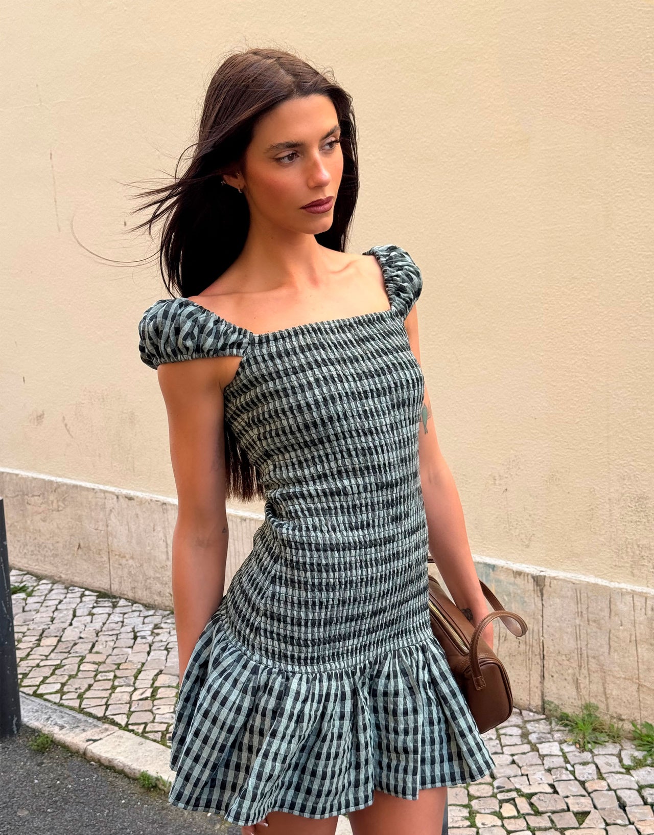 Labelrail x Barbara Ines gingham check textured mini dress in aqua blue