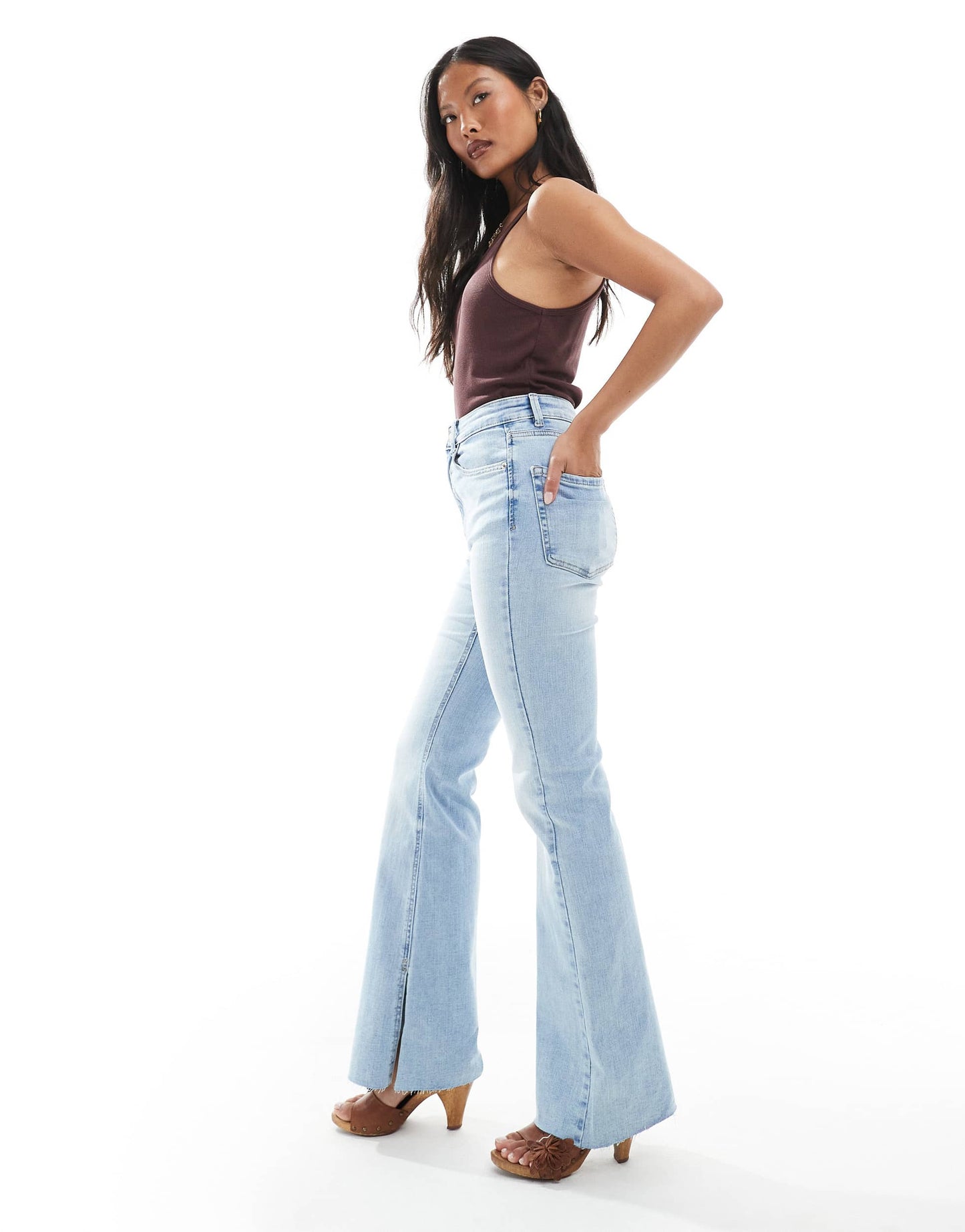 Stradivarius Petite D74 flare slit jean in light wash