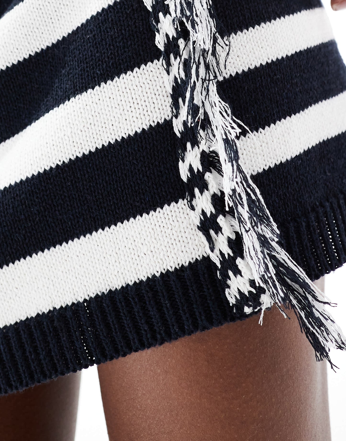 ASOS DESIGN mid rise knitted mini skirt with fringing co-ord in mono stripe