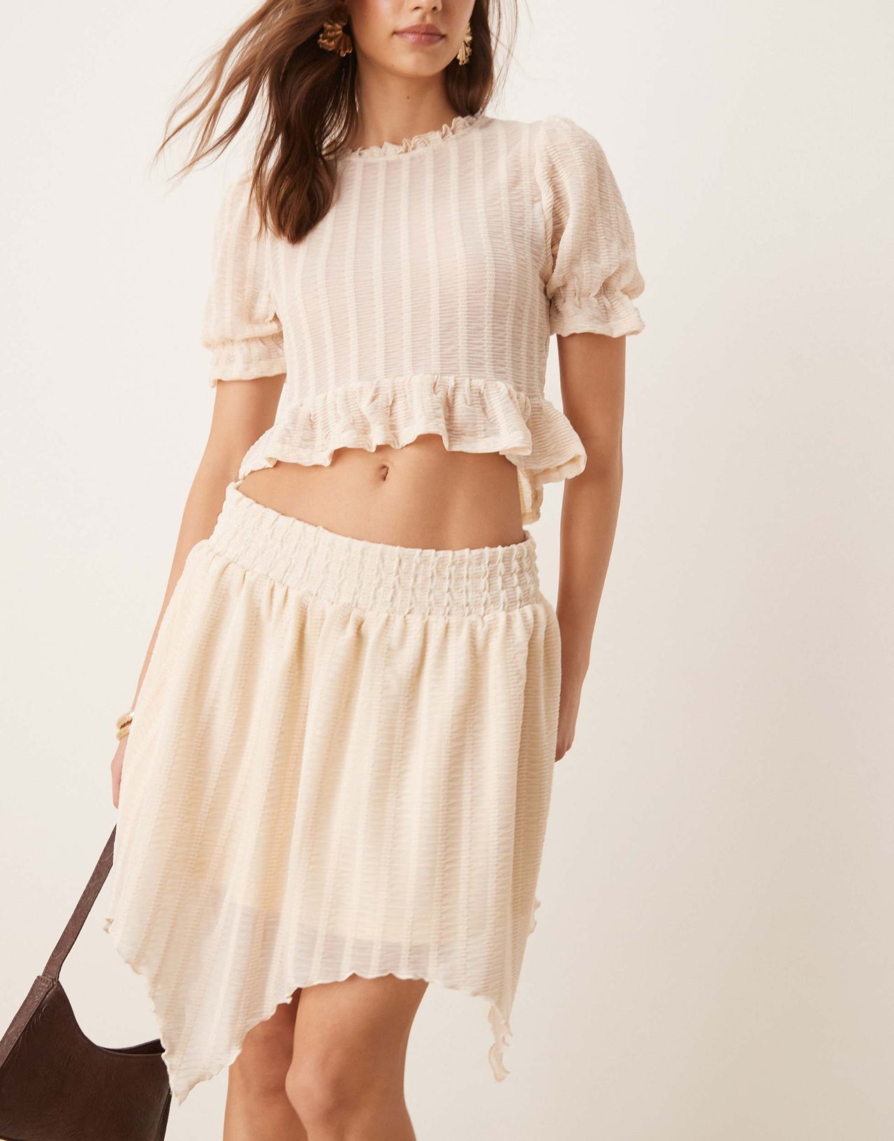 ASOS DESIGN co-ord textured ruffle hanky hem mini skirt in cream