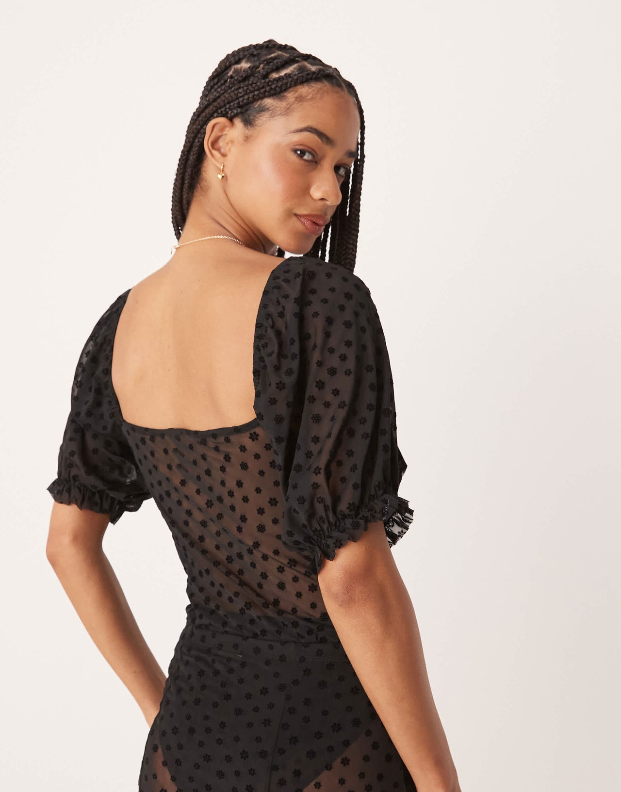 ASOS DESIGN floral flocked mesh short sleeve bodysuit with ruffle detail in black