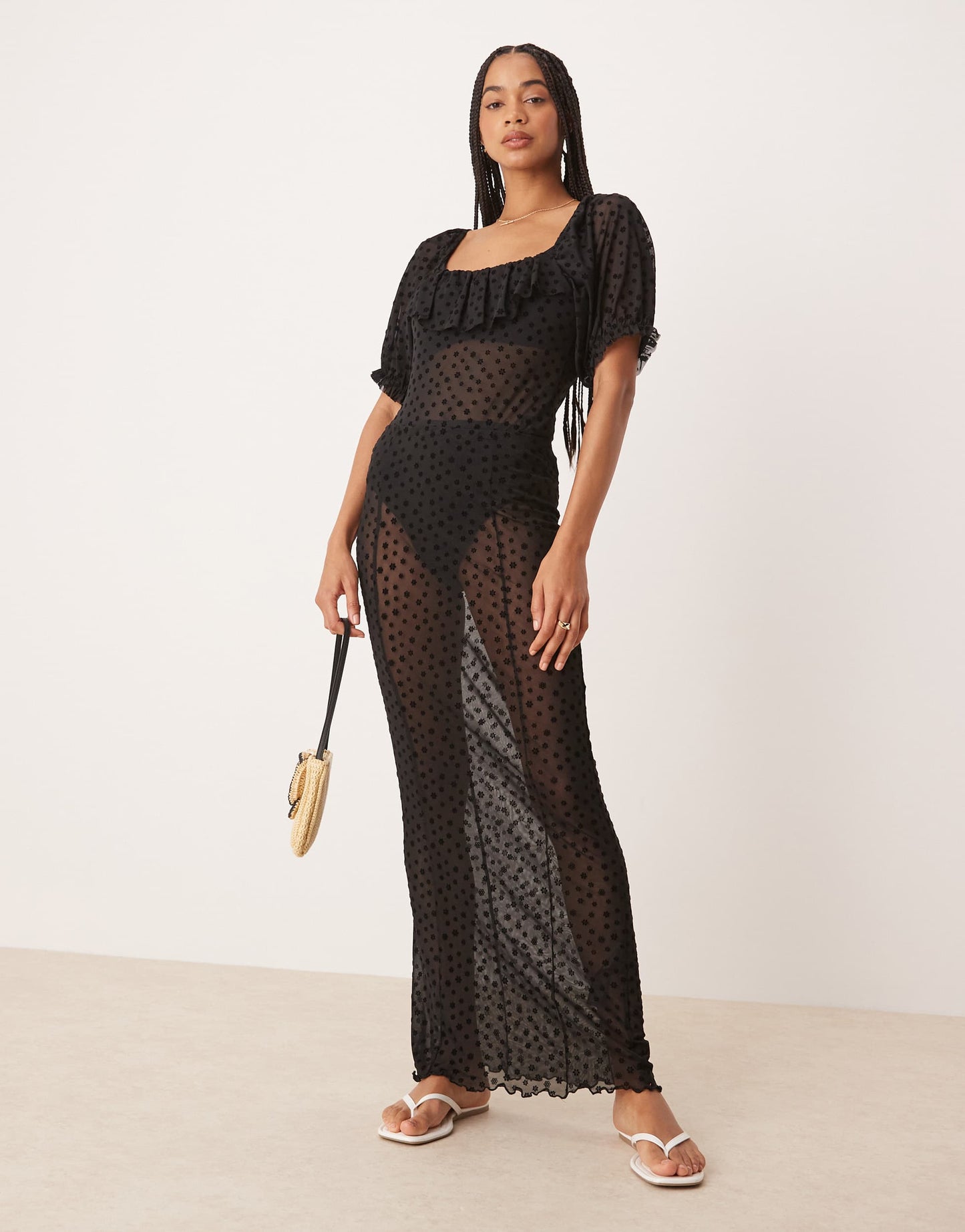 ASOS DESIGN floral flocked mesh short sleeve bodysuit with ruffle detail in black