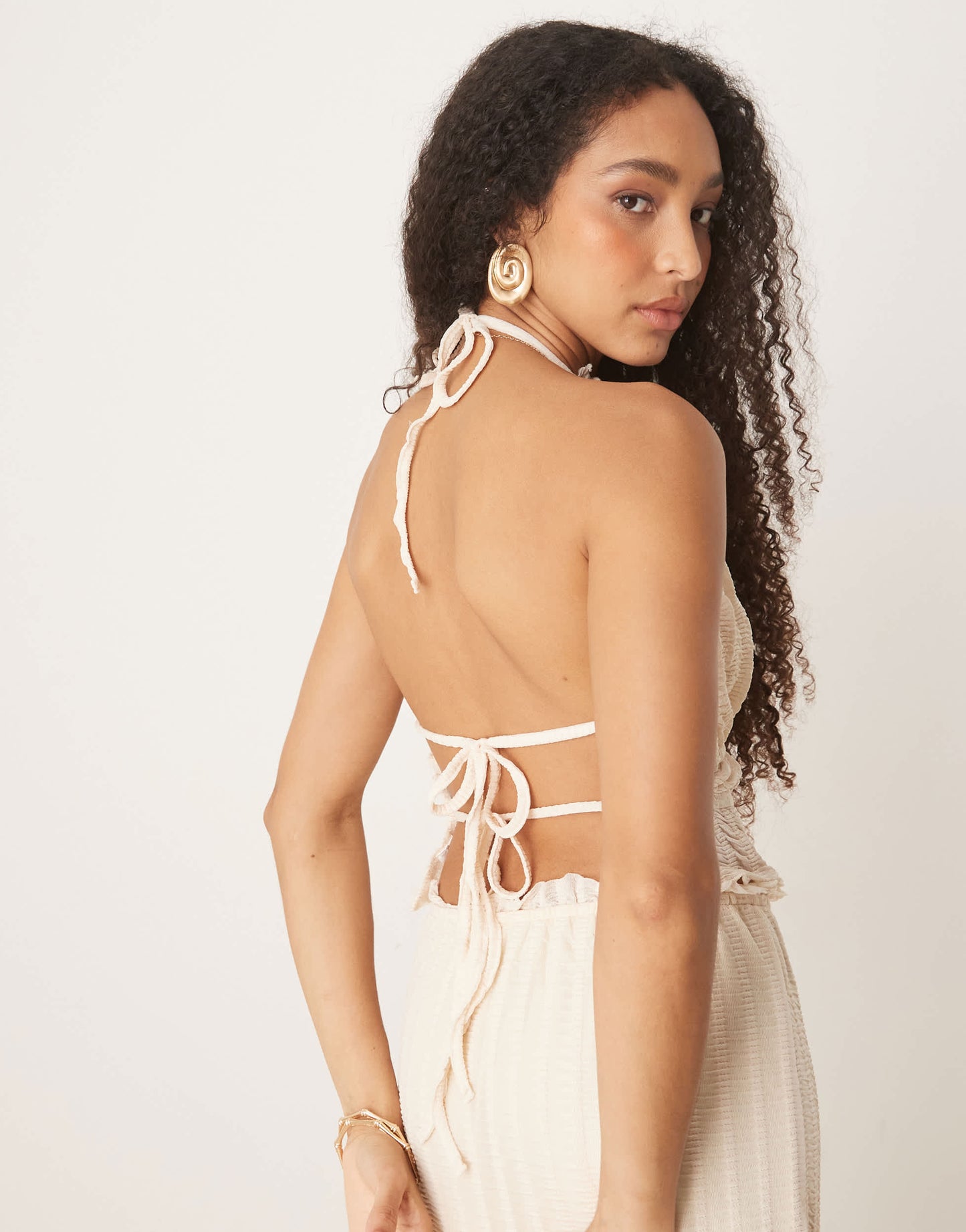 ASOS DESIGN co-ord textured sleeveless halter neck top with open back in cream