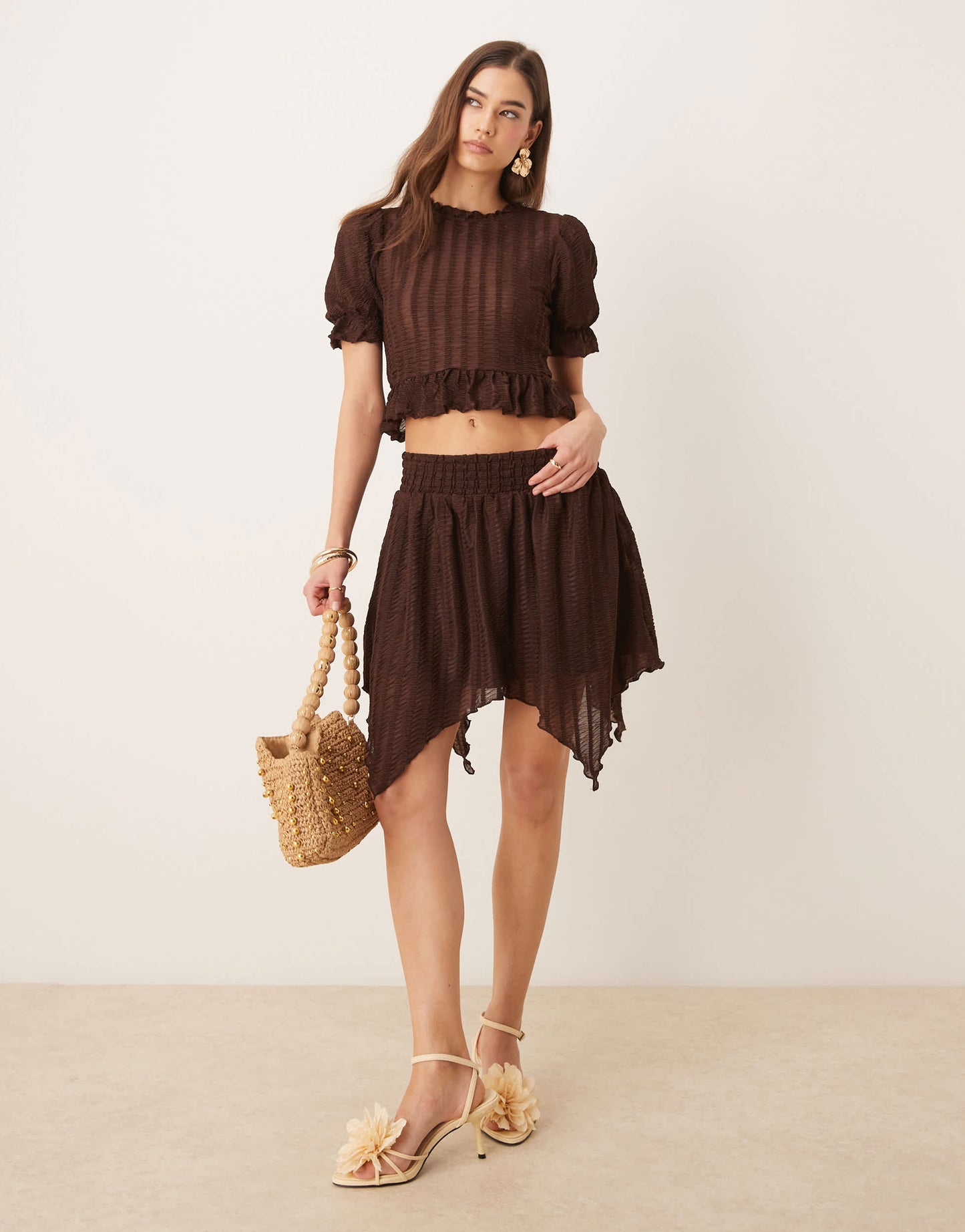 ASOS DESIGN co-ord textured shirred top with ruffle detailing in brown