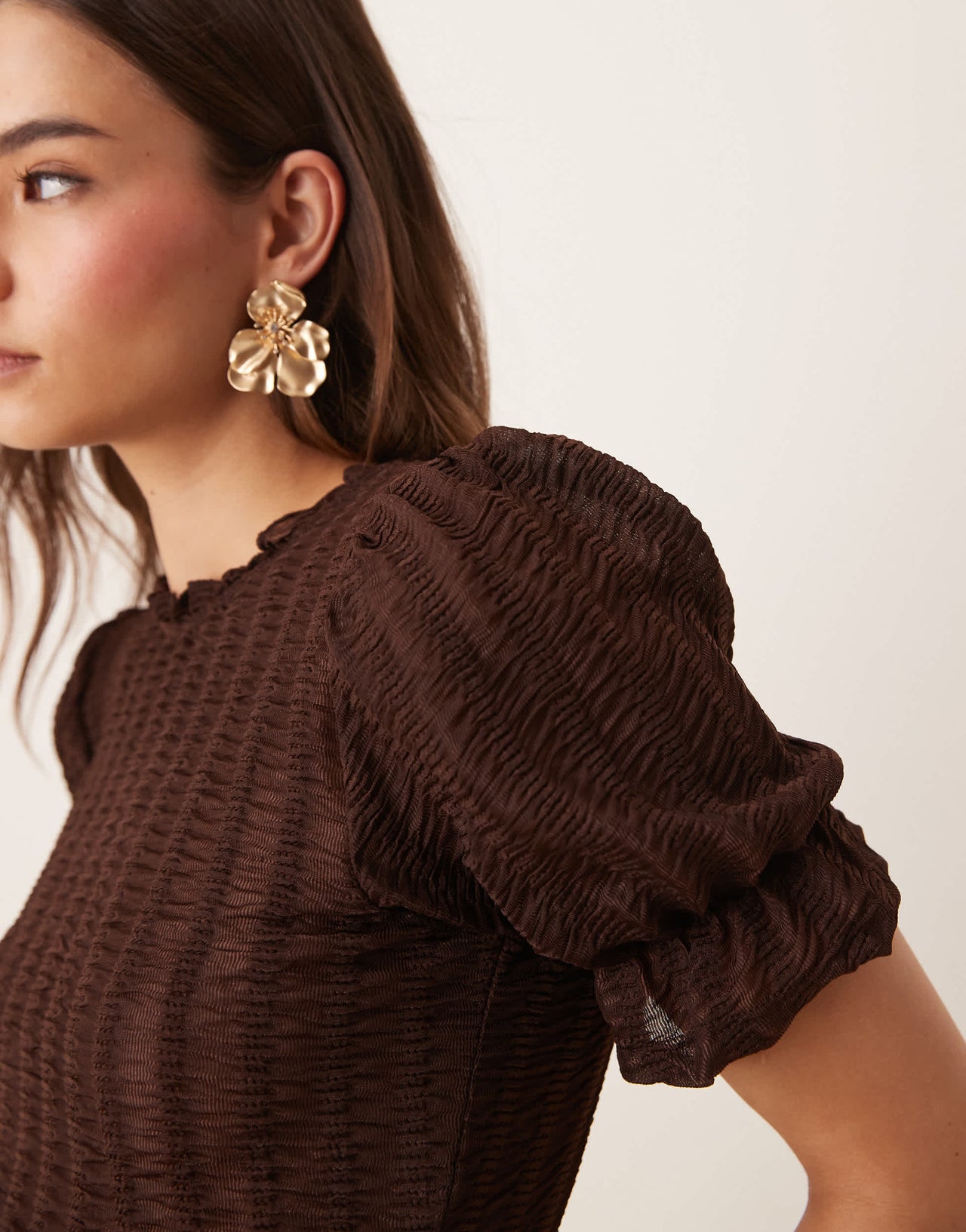 ASOS DESIGN co-ord textured shirred top with ruffle detailing in brown