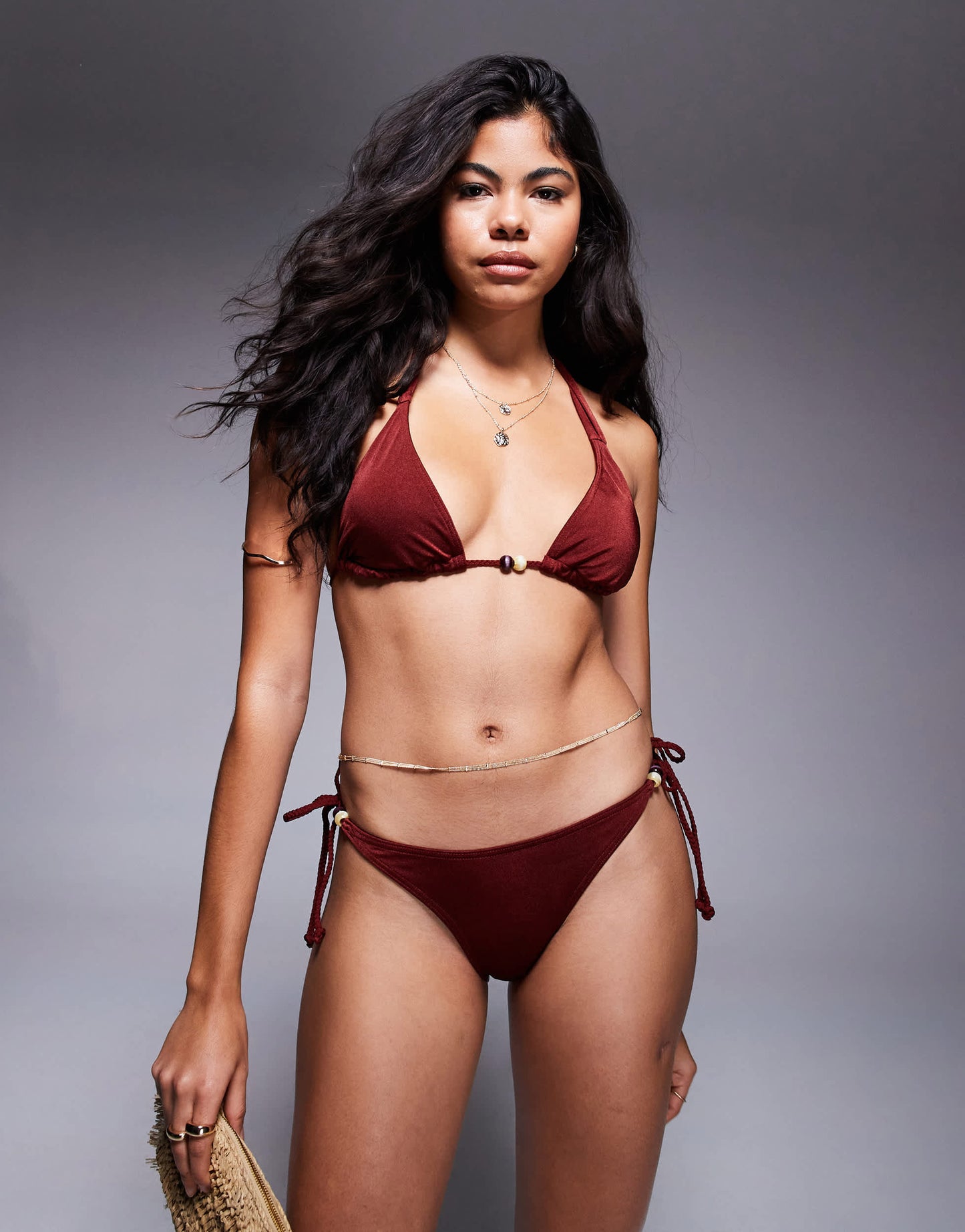 ASOS DESIGN Simone shine triangle bikini top with plaited strap and beads in burgundy
