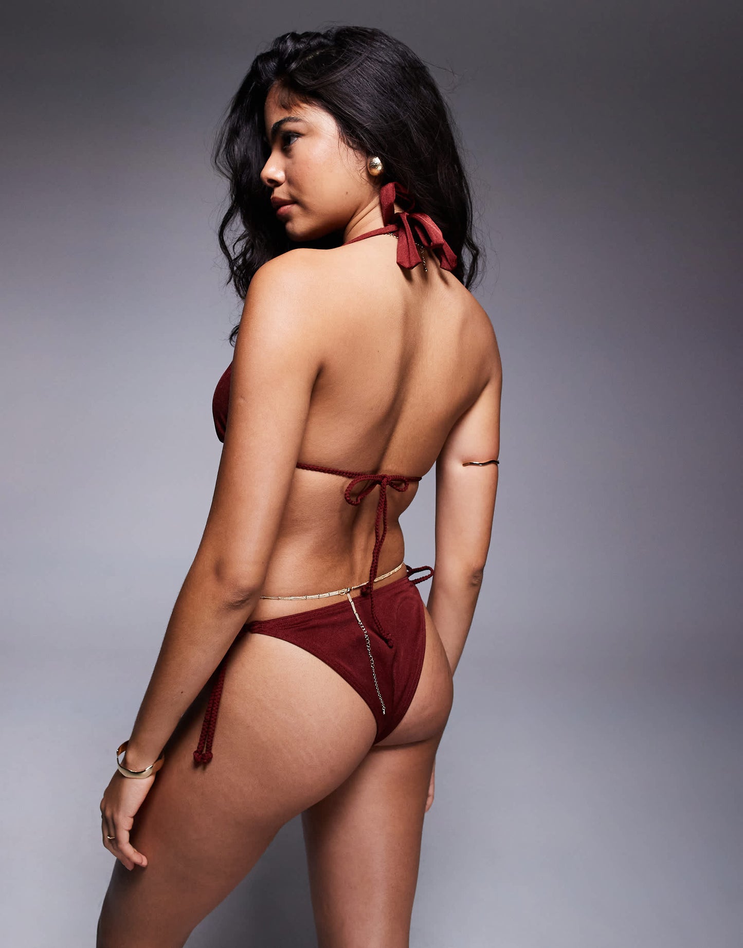 ASOS DESIGN Simone shine triangle bikini top with plaited strap and beads in burgundy