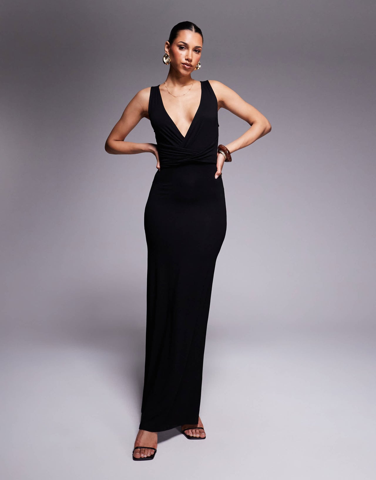 ASOS DESIGN twisted waist plunge maxi dress in black