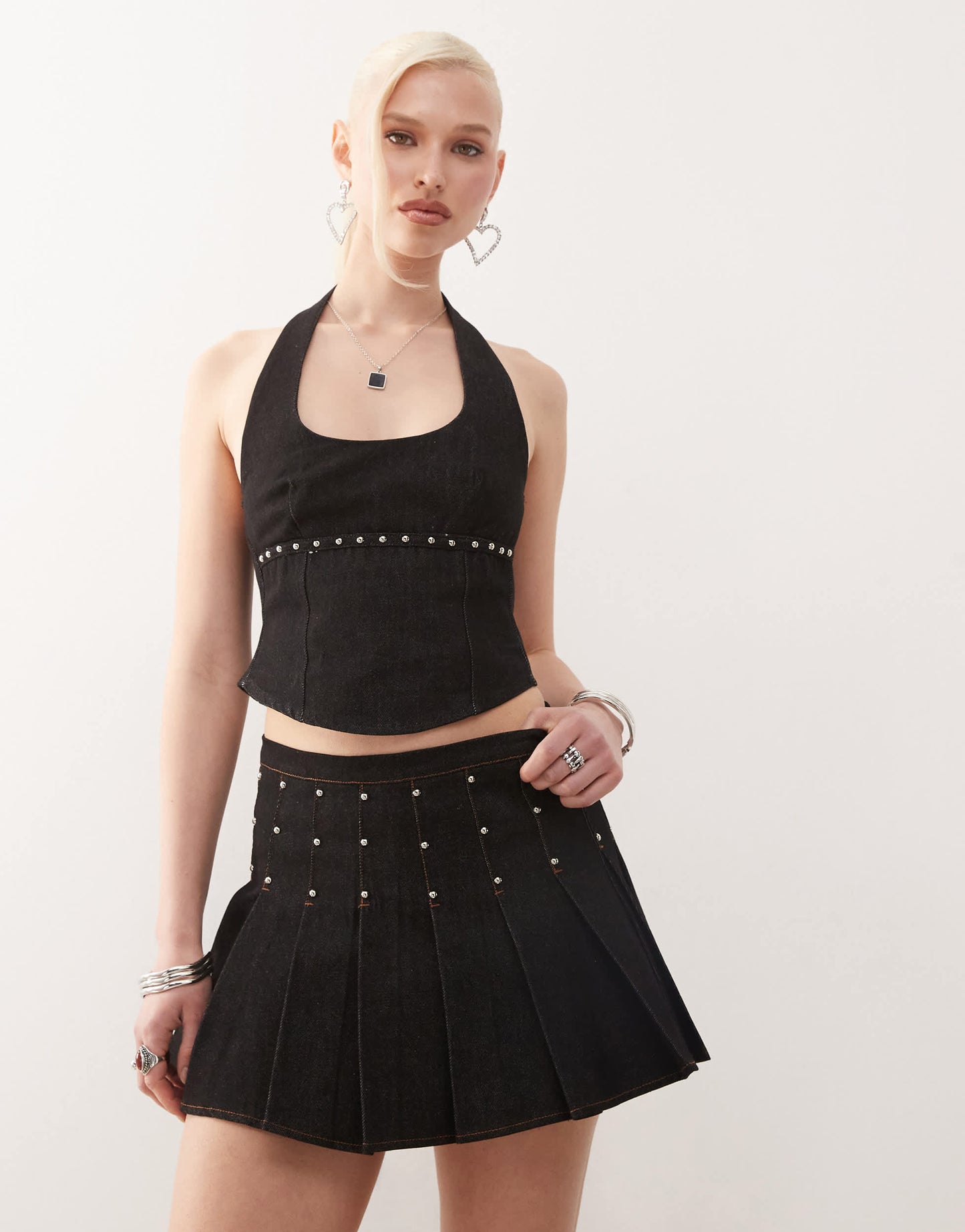 Motel gatlin studded pleated mini skirt co-ord in washed black