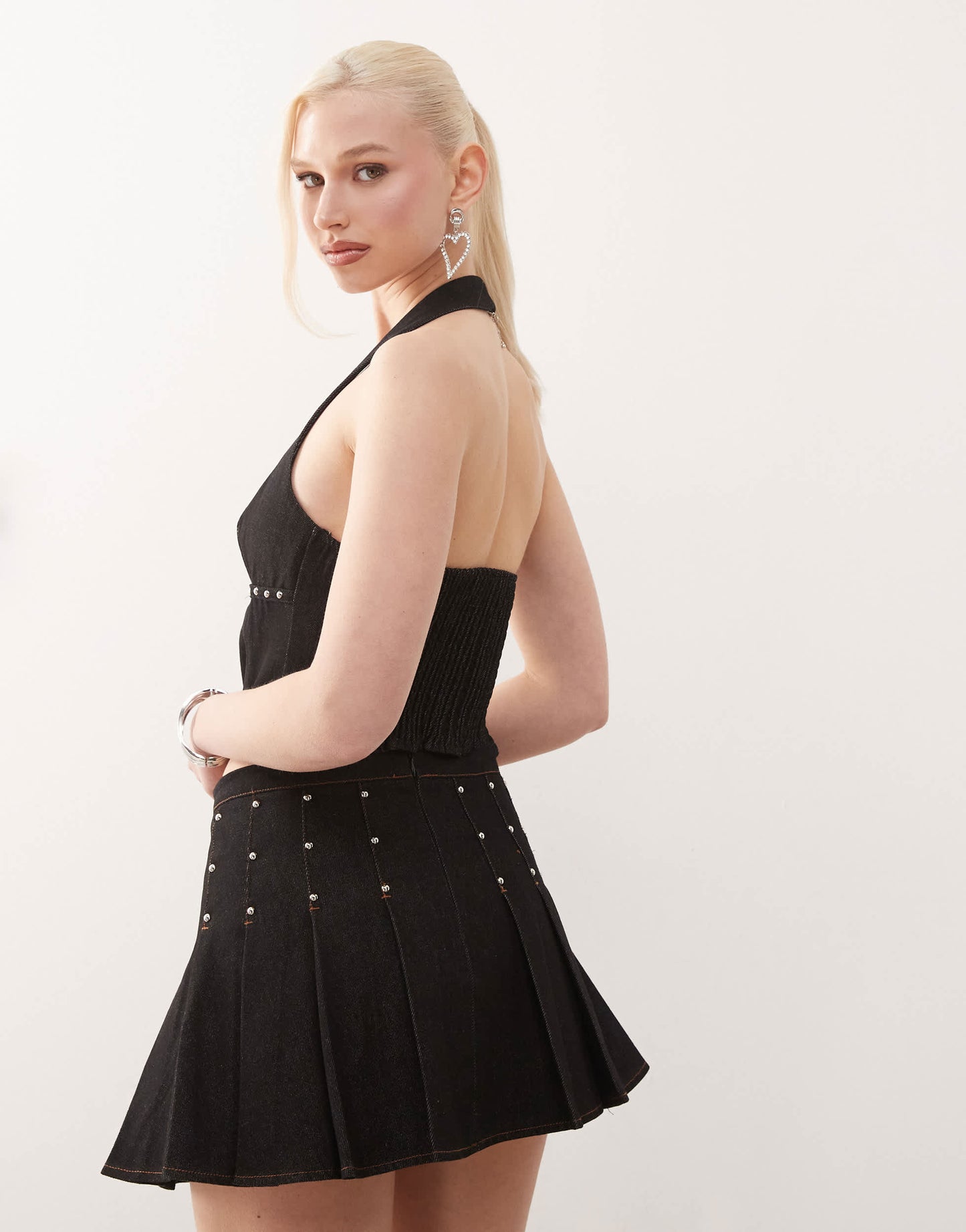 Motel gatlin studded pleated mini skirt co-ord in washed black