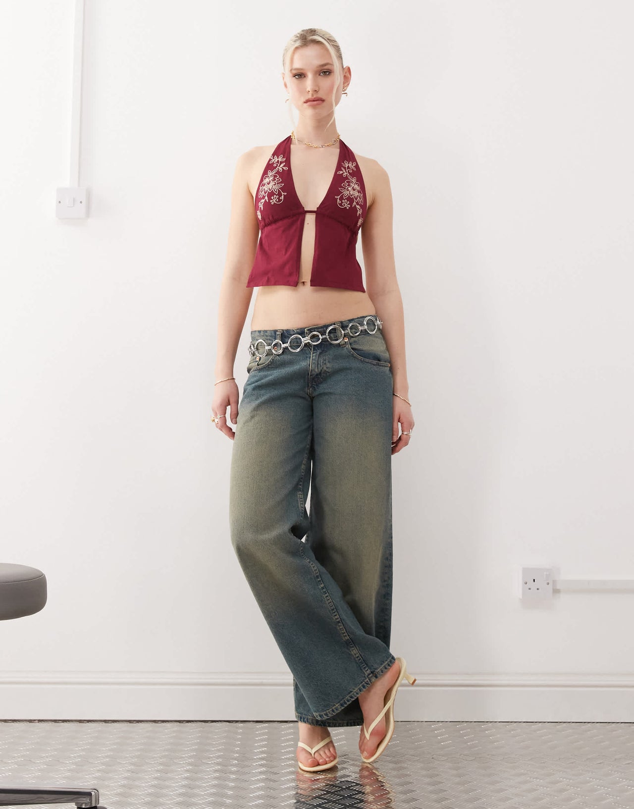 Motel kayria embroidery detail tie halter top in burgundy