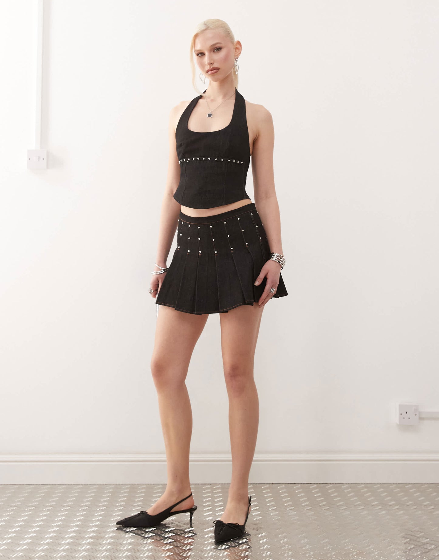Motel nasya stud halter top co-ord in washed black