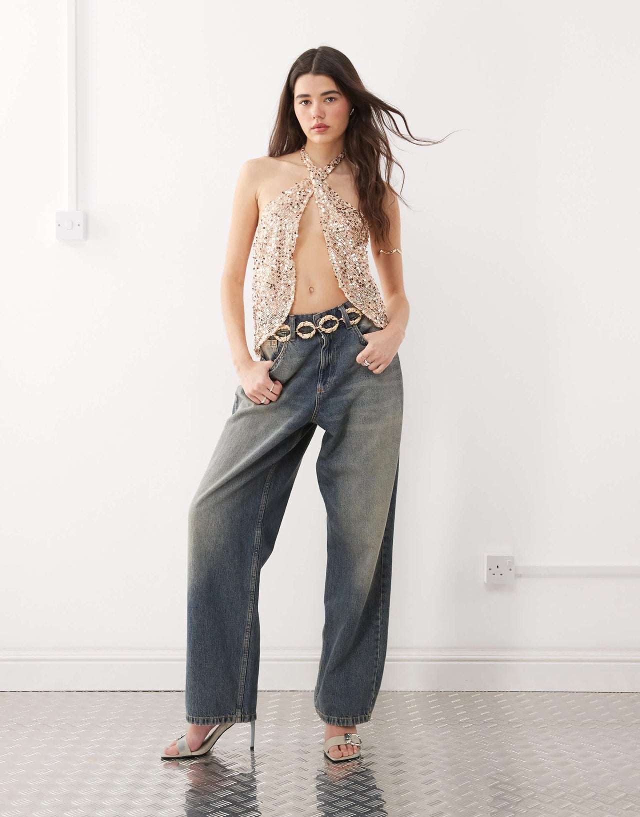 Motel ruway sequin scarf top in gold