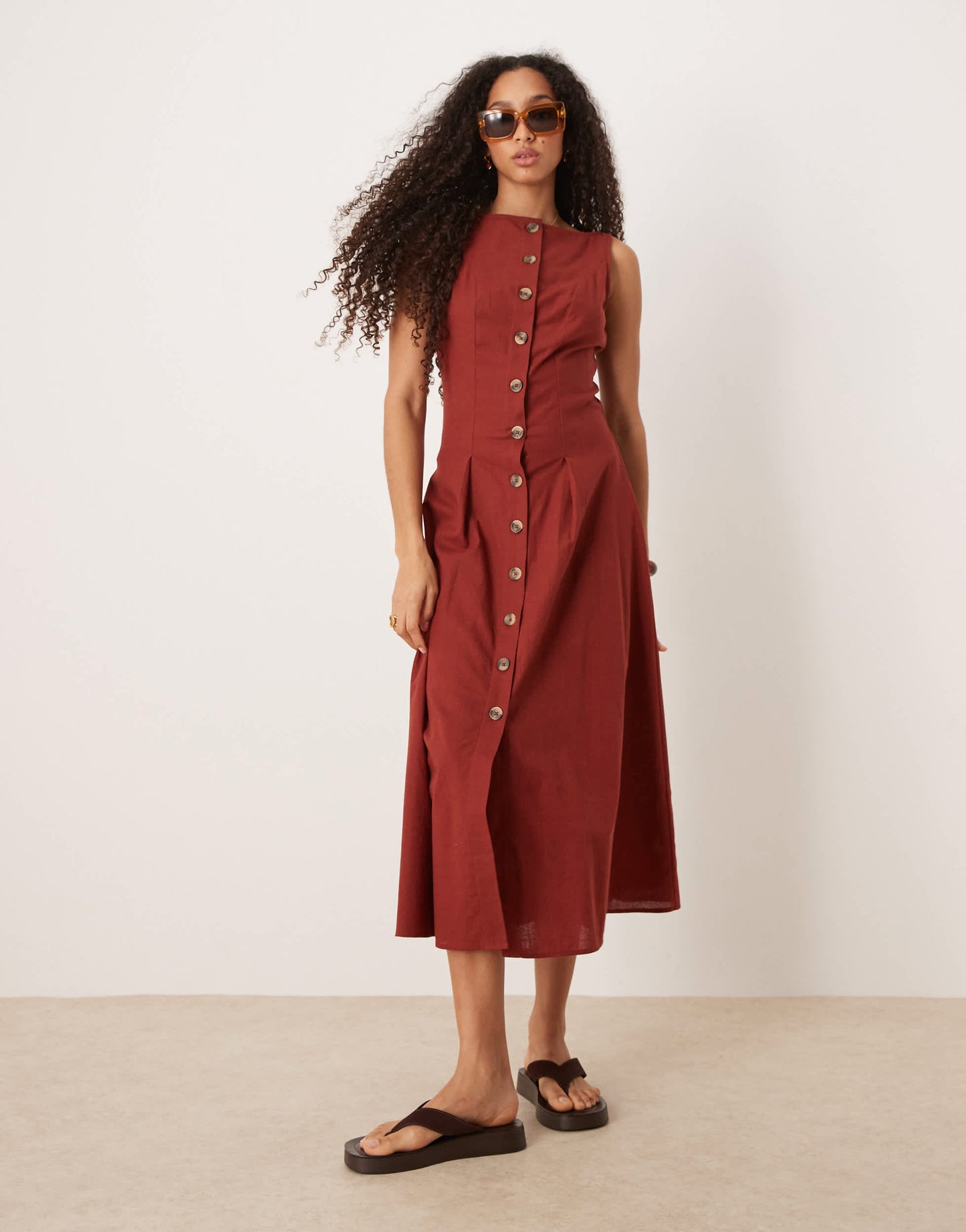 ASOS DESIGN slash neck button down waistcoat midi dress in burgundy