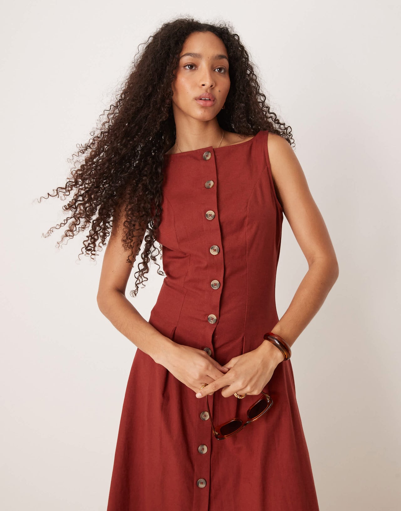ASOS DESIGN slash neck button down waistcoat midi dress in burgundy