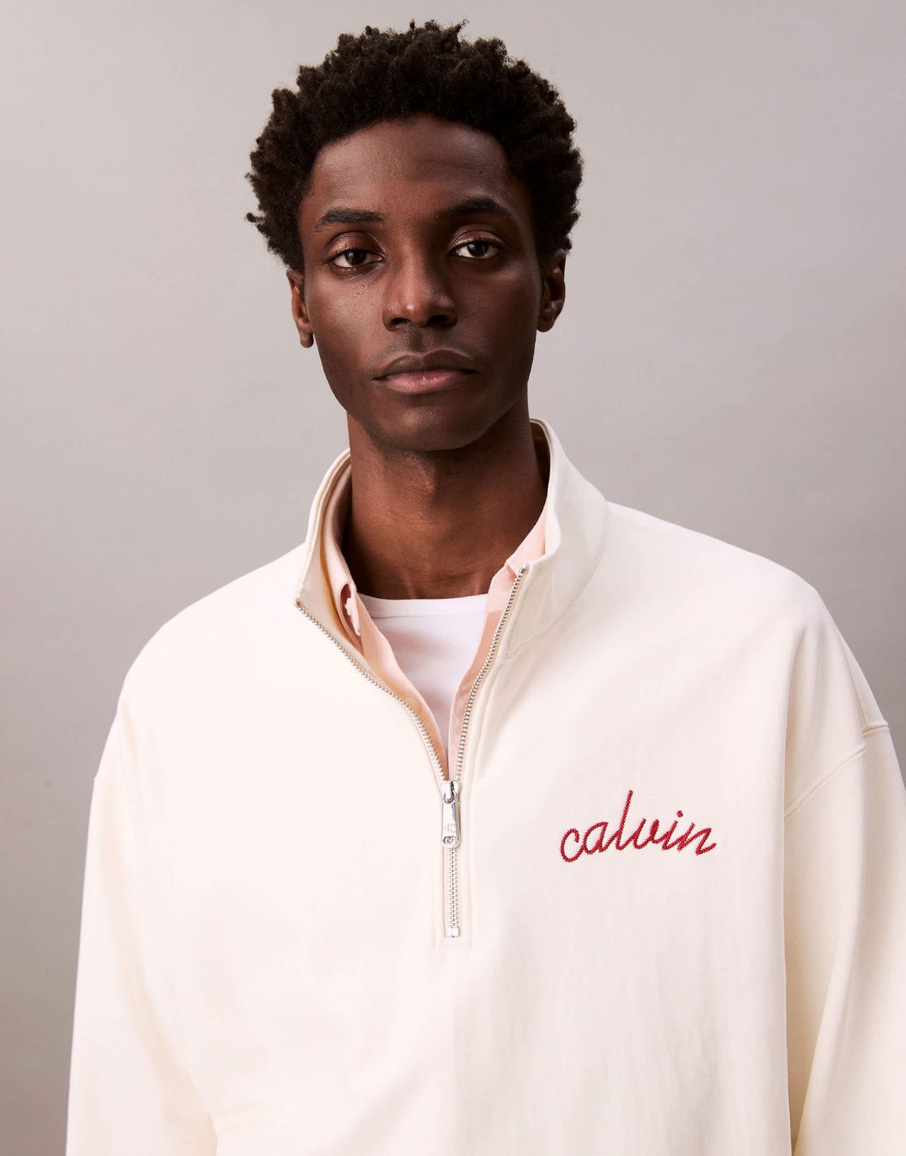 Calvin Klein Jeans embroidered chest logo 1/4 zip sweatshirt in off white