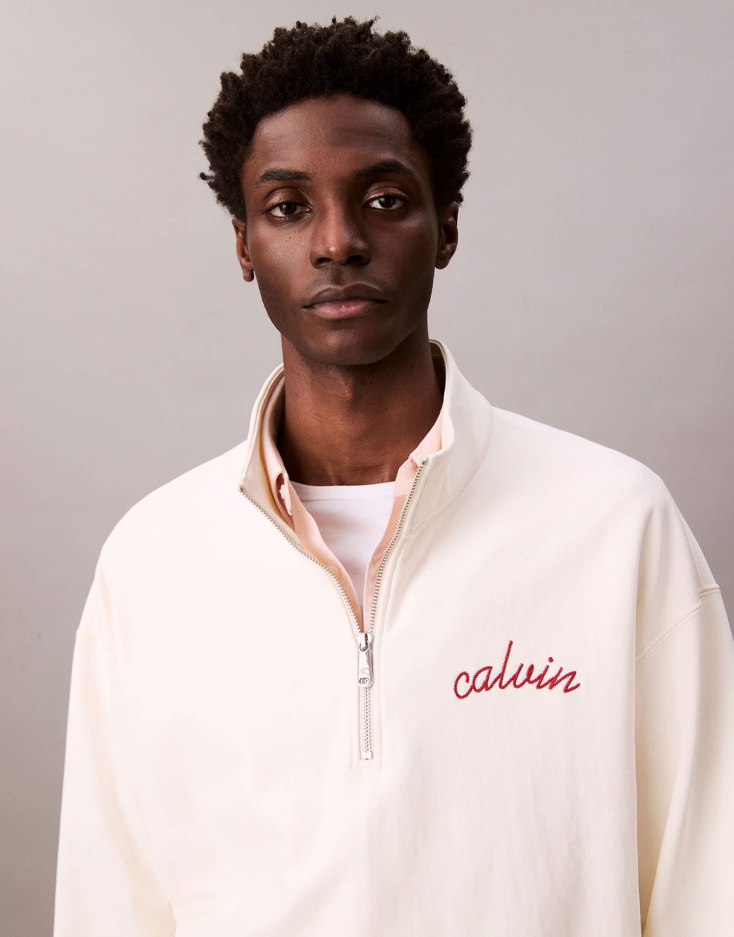 Calvin Klein Jeans embroidered chest logo 1/4 zip sweatshirt in off white