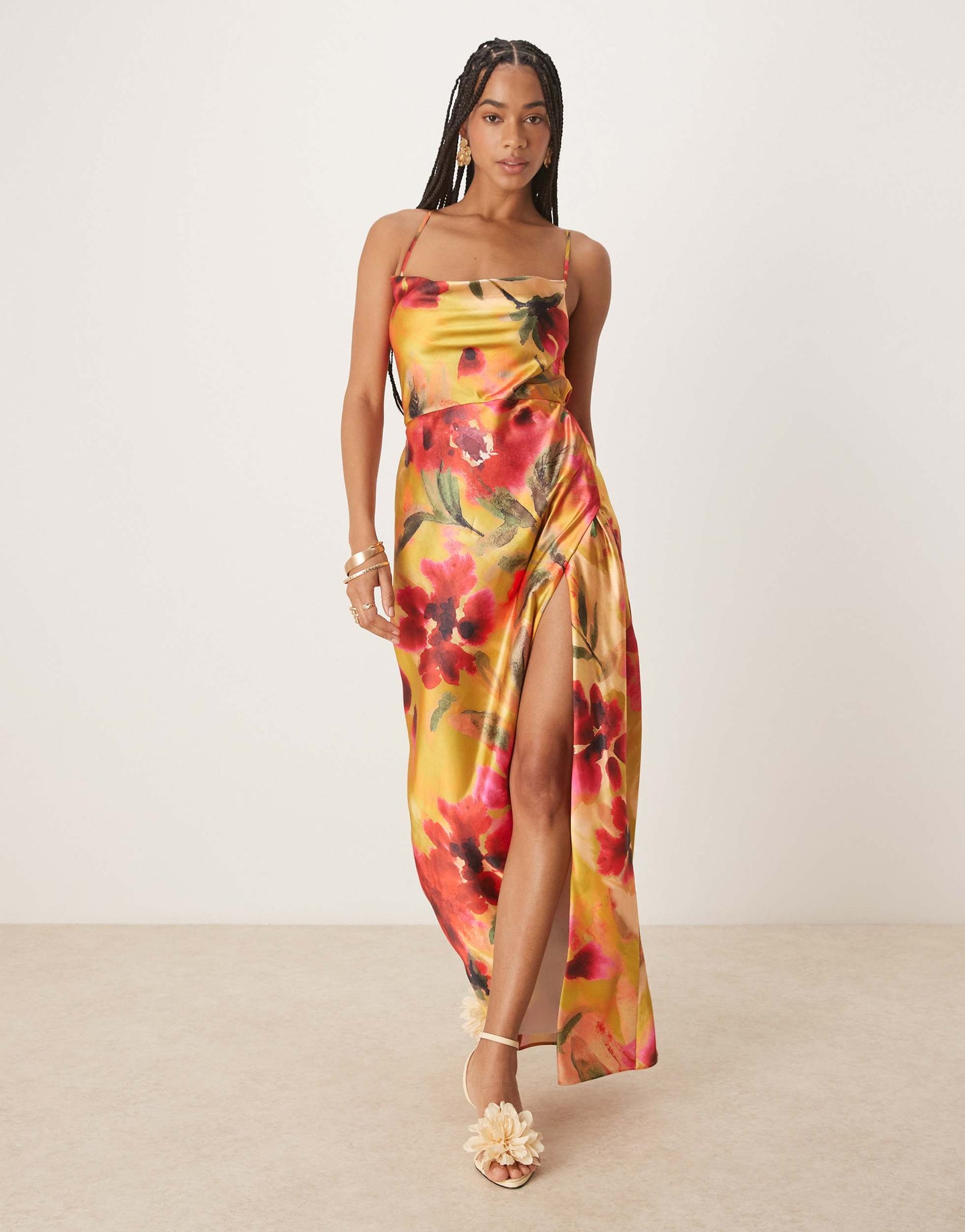 Hope & Ivy satin cross back cami maxi dress in yellow floral