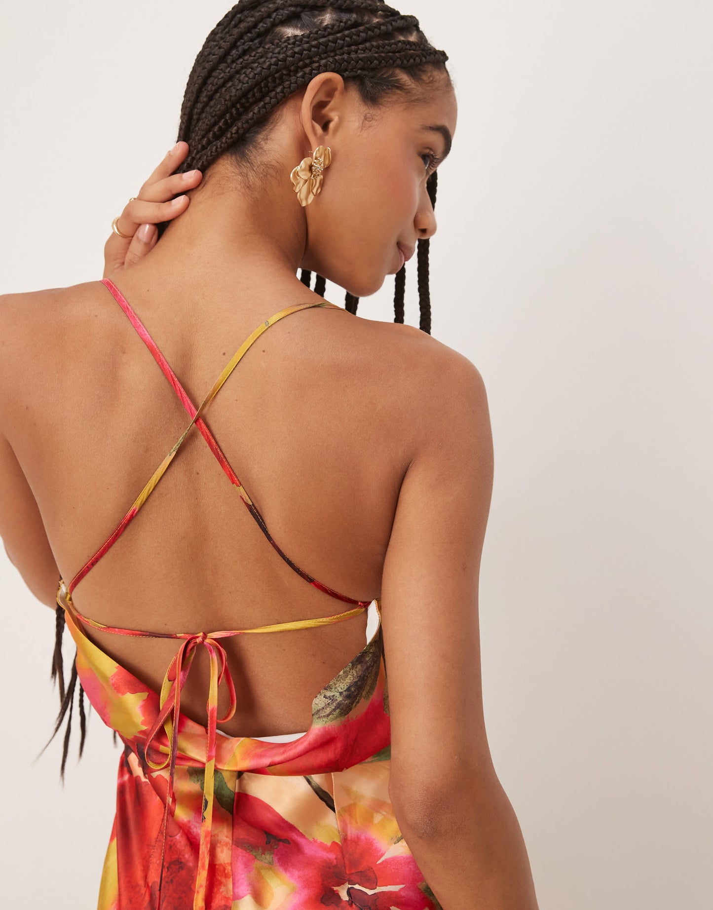 Hope & Ivy satin cross back cami maxi dress in yellow floral