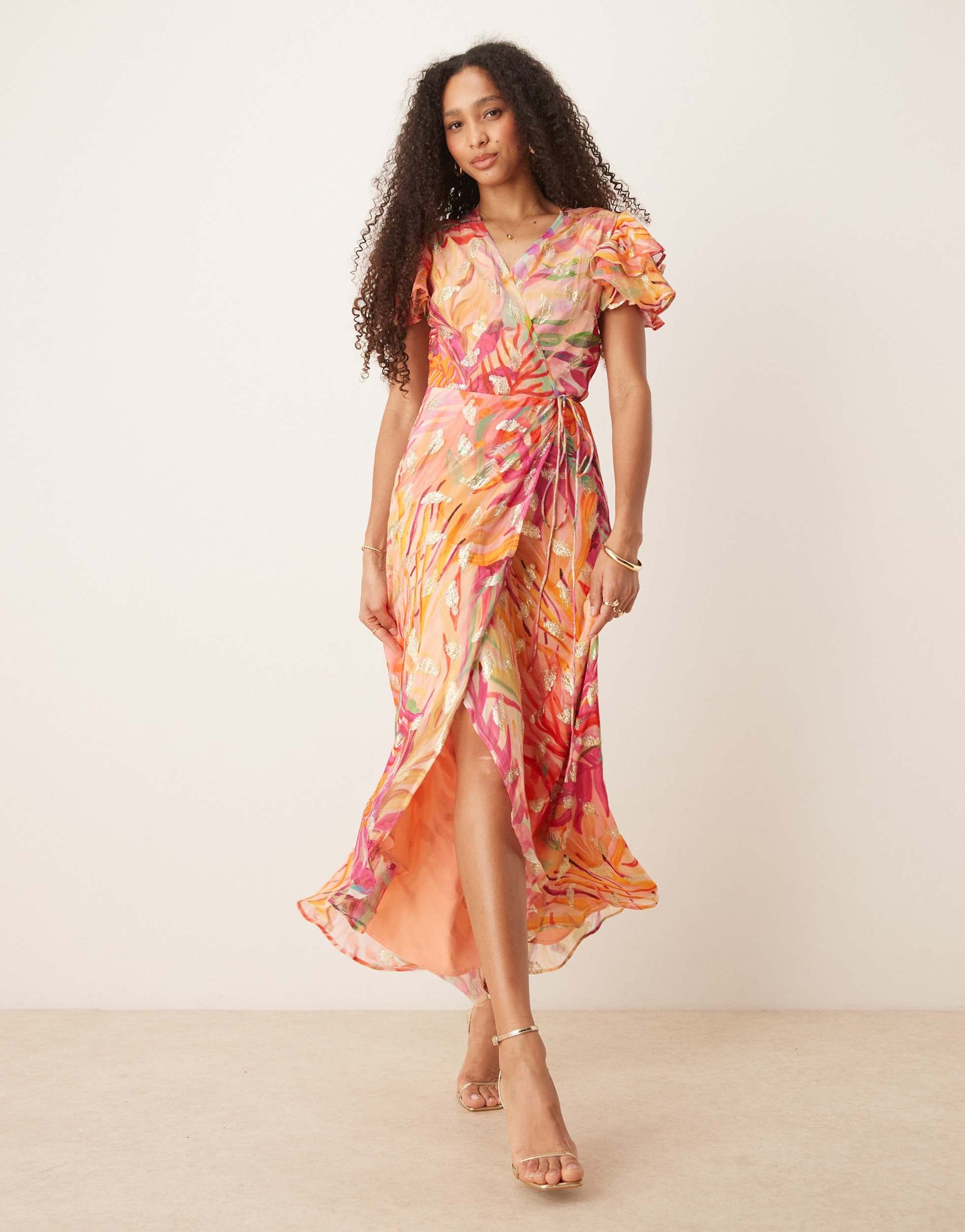 Hope & Ivy frill sleeve maxi wrap dress in coral with gold fleck