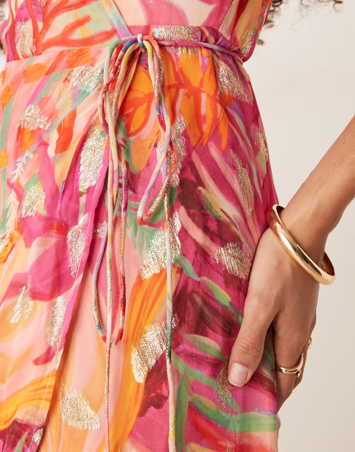 Hope & Ivy frill sleeve maxi wrap dress in coral with gold fleck