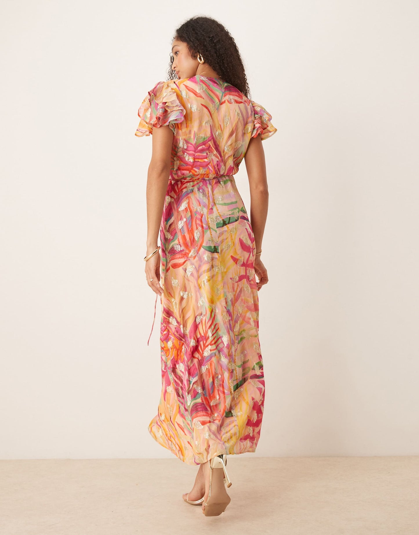Hope & Ivy frill sleeve maxi wrap dress in coral with gold fleck