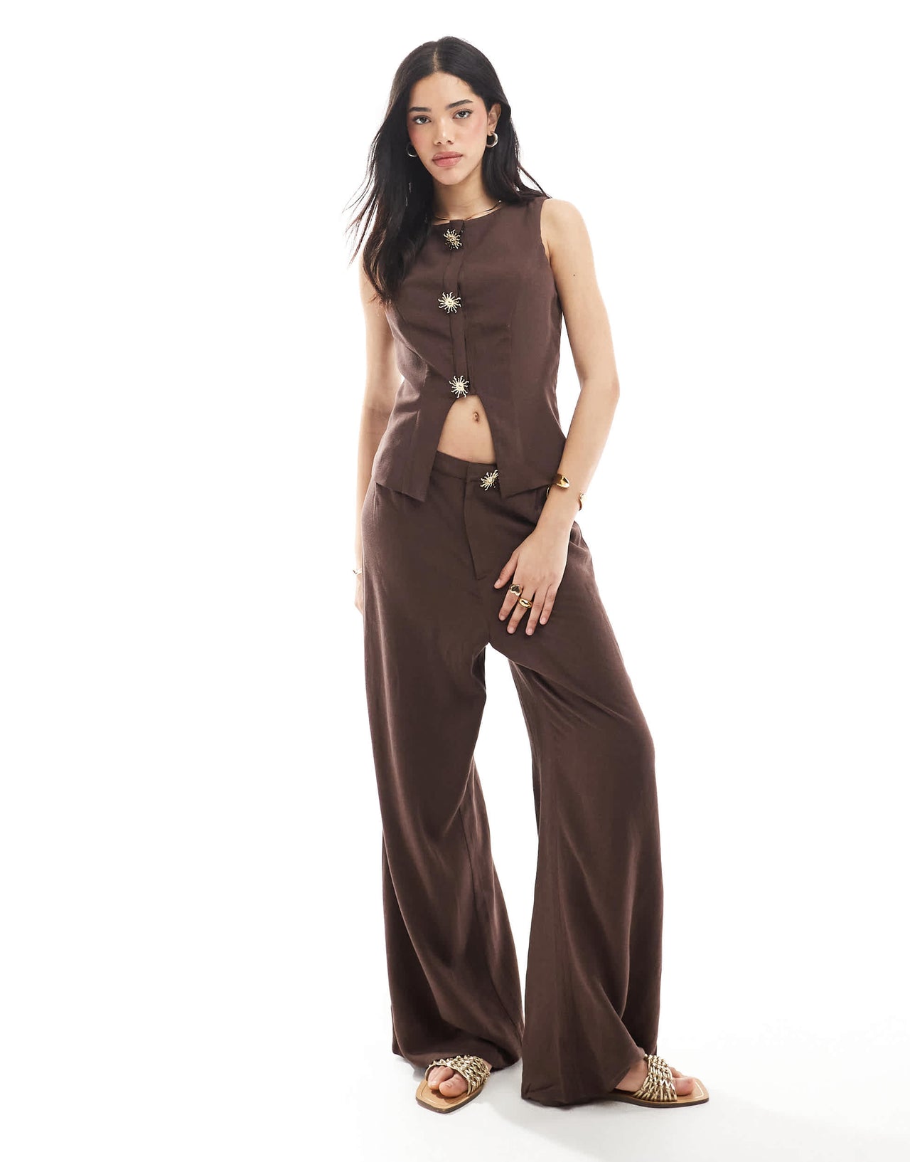 ASOS DESIGN linen blend trim detail waistcoat in chocolate