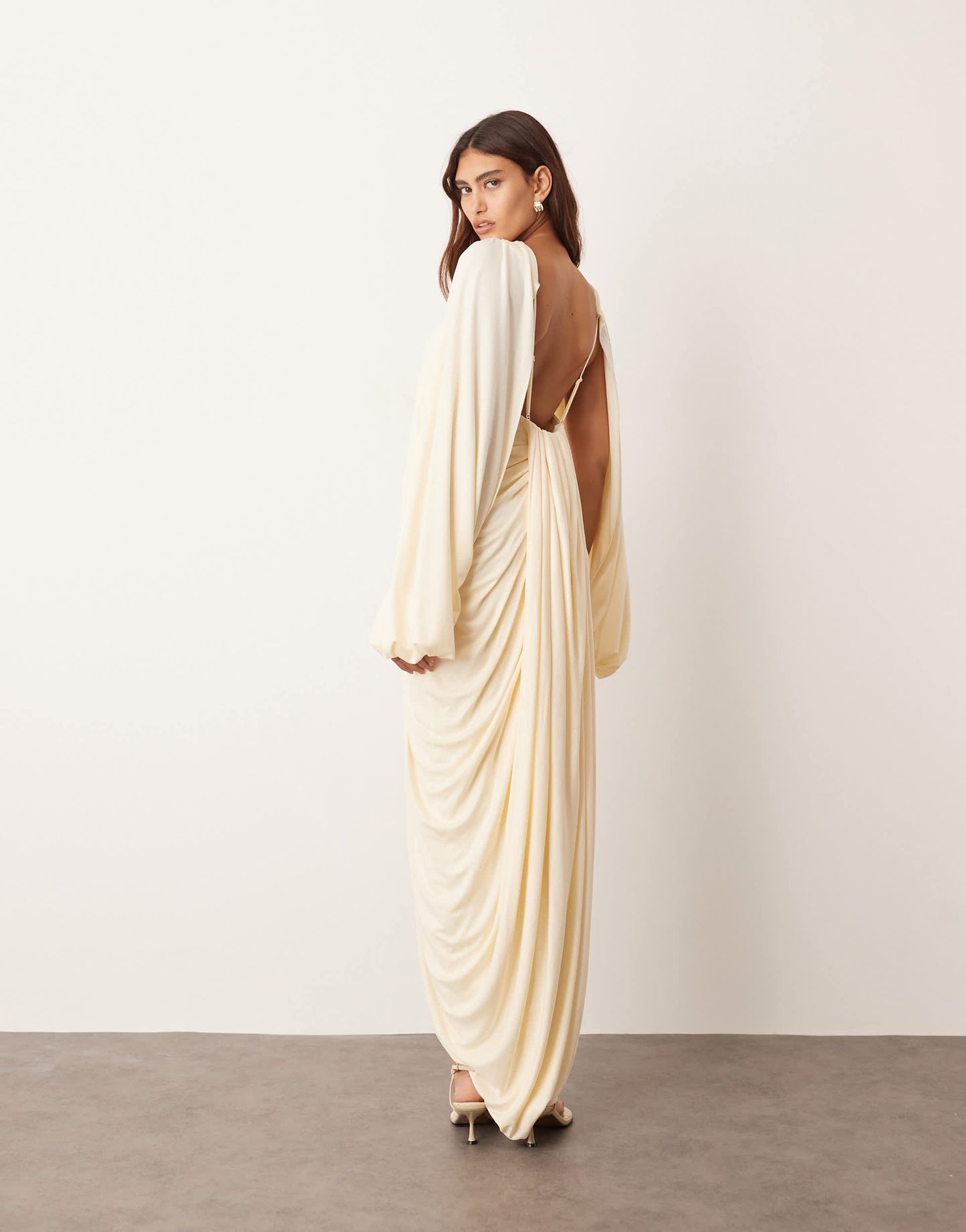 ARRANGE drape midi dress with balloon sleeve and hardware detail in buttermilk
