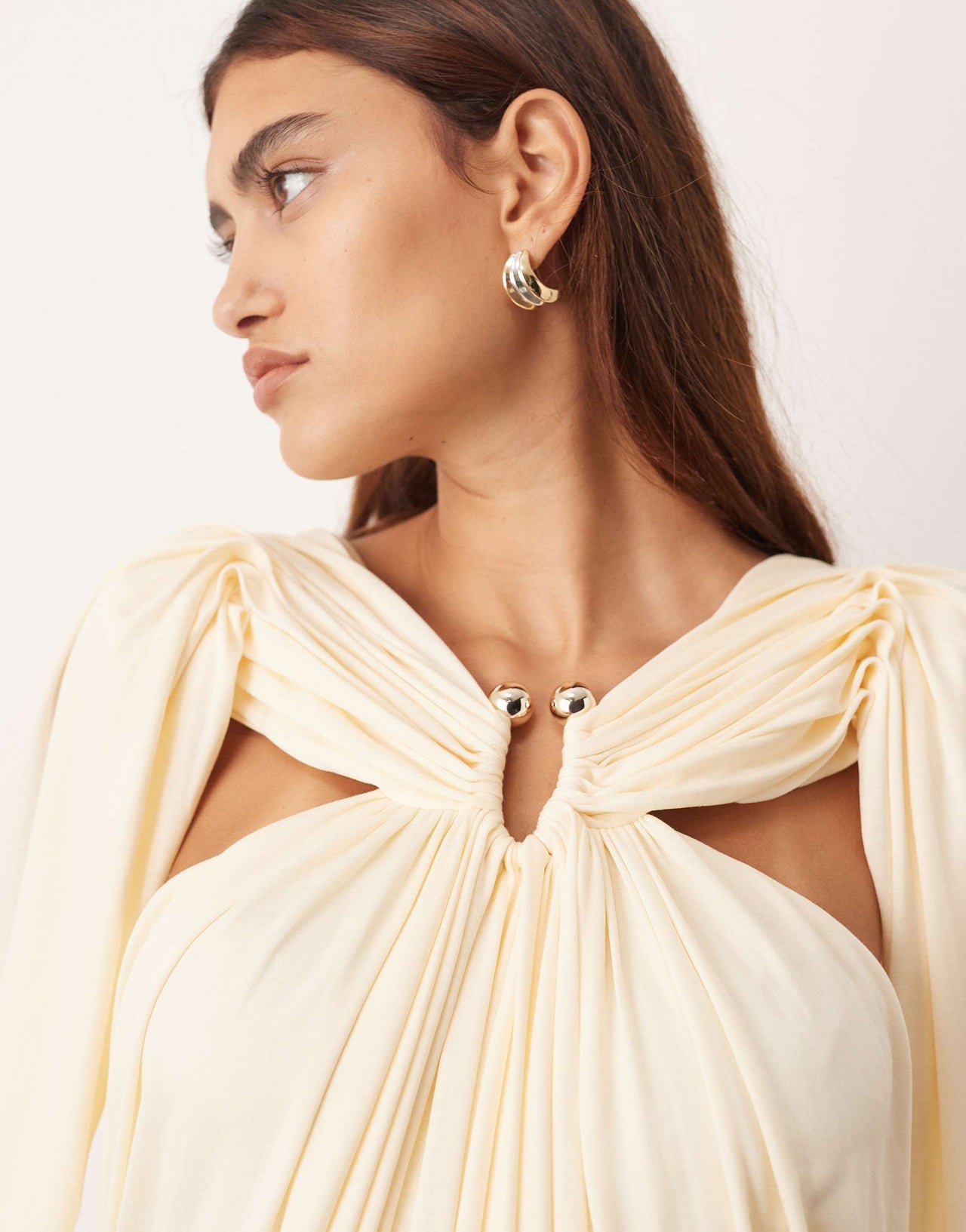 ARRANGE drape midi dress with balloon sleeve and hardware detail in buttermilk
