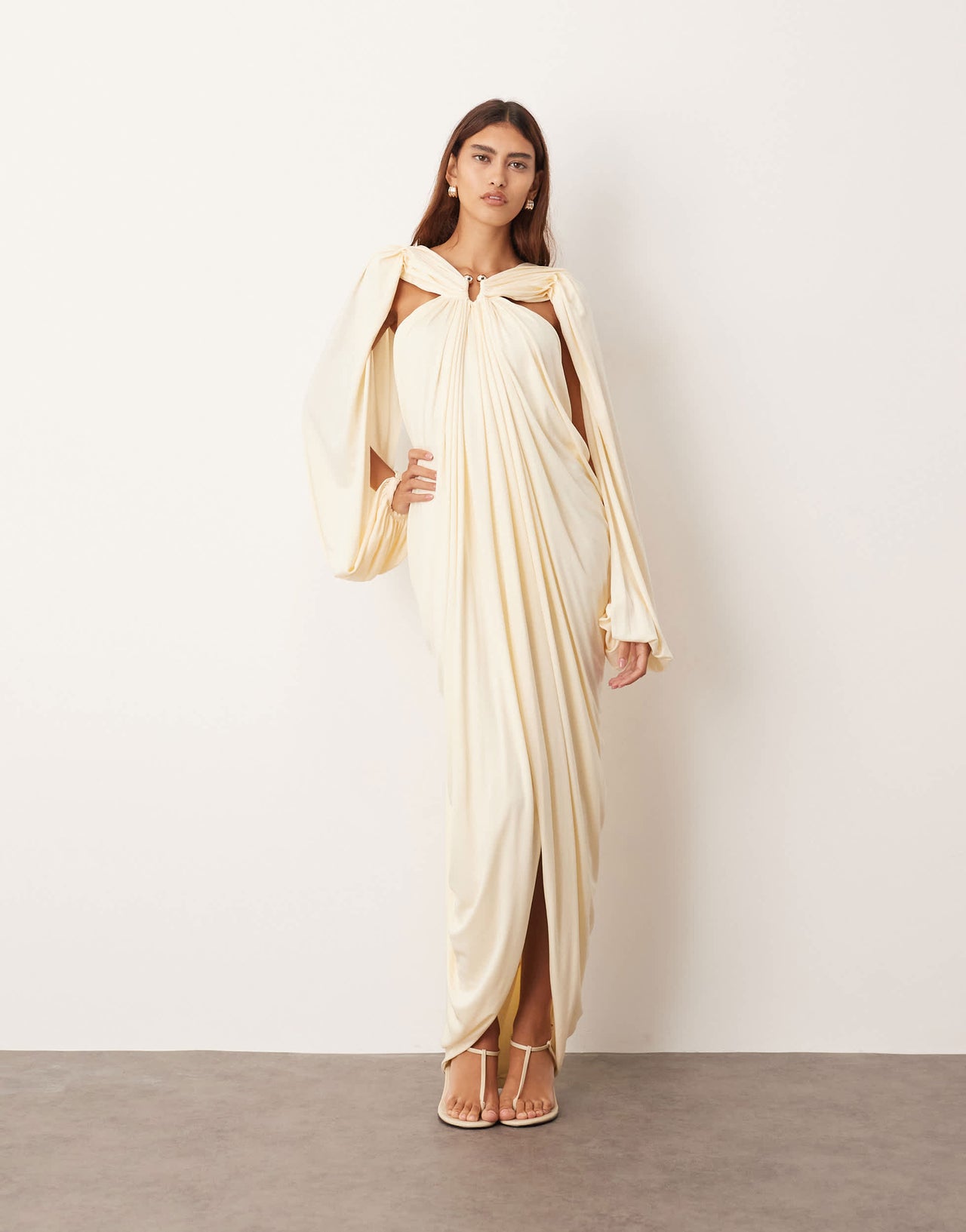 ARRANGE drape midi dress with balloon sleeve and hardware detail in buttermilk