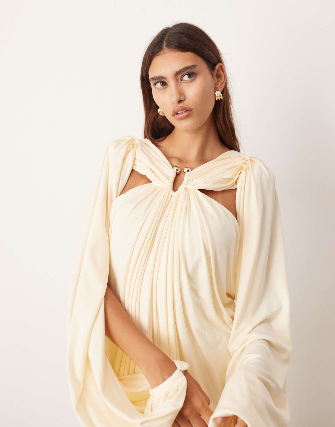 ARRANGE drape midi dress with balloon sleeve and hardware detail in buttermilk