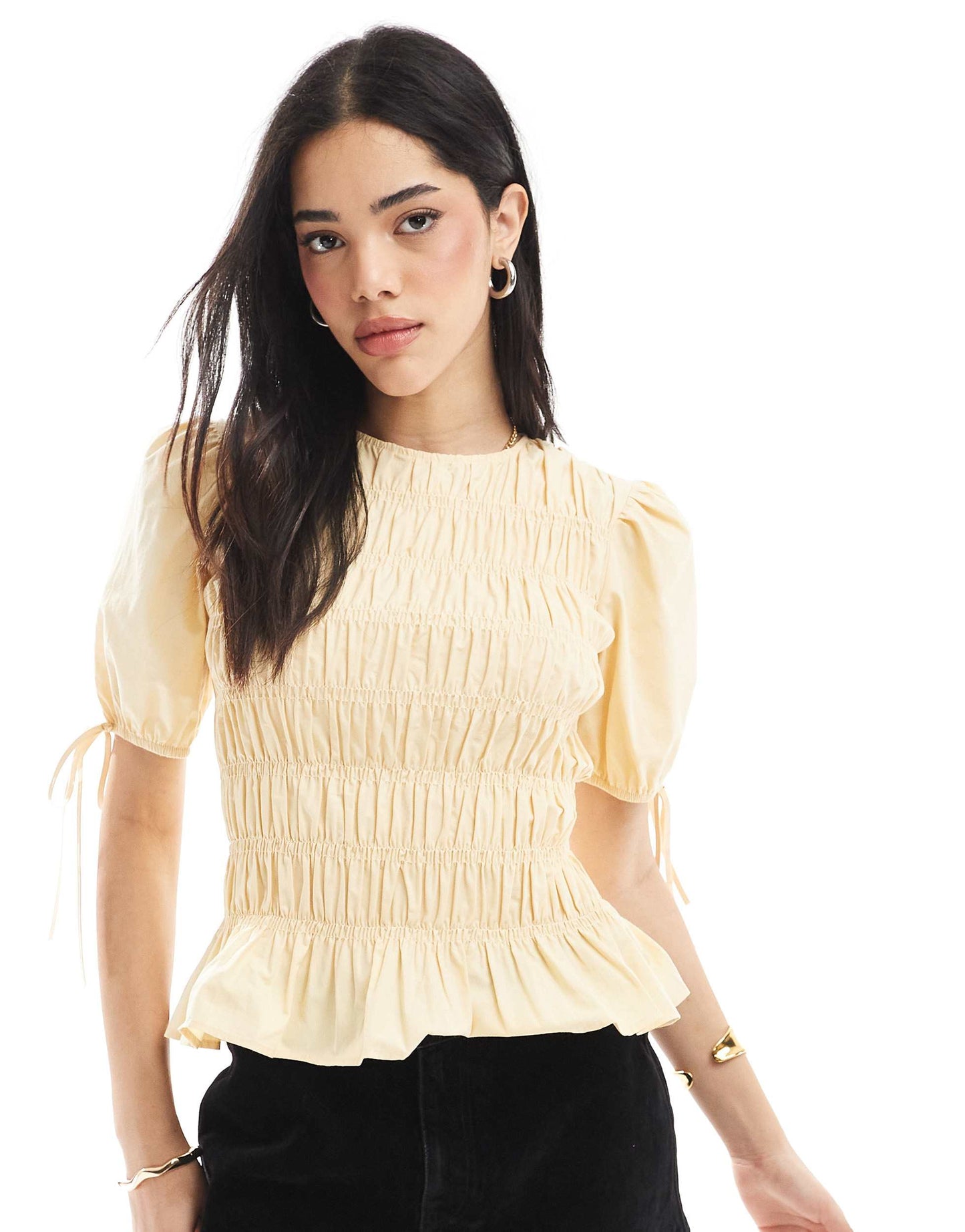 ASOS DESIGN puff sleeve top with shirring detail in yellow