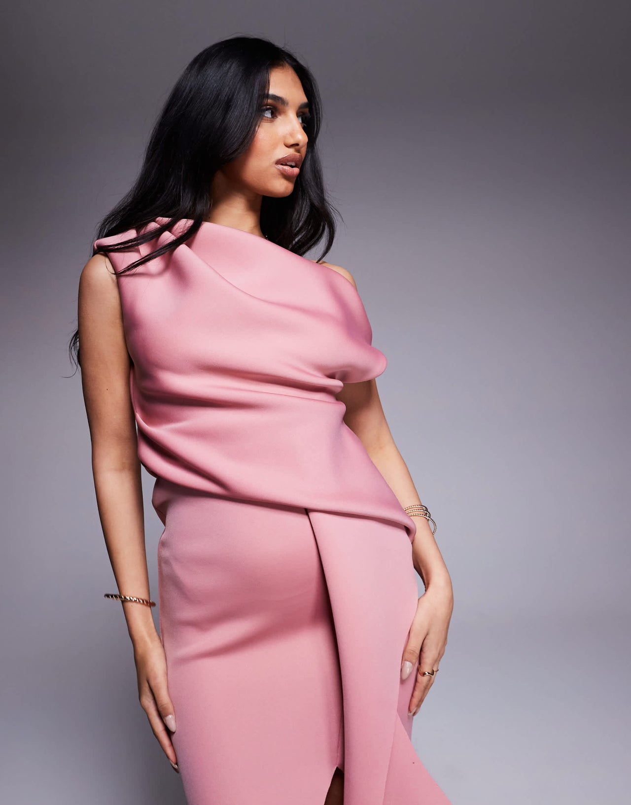 ASOS DESIGN  fallen shoulder manipulated fold midi dress in dusty rose in scuba-style fabric