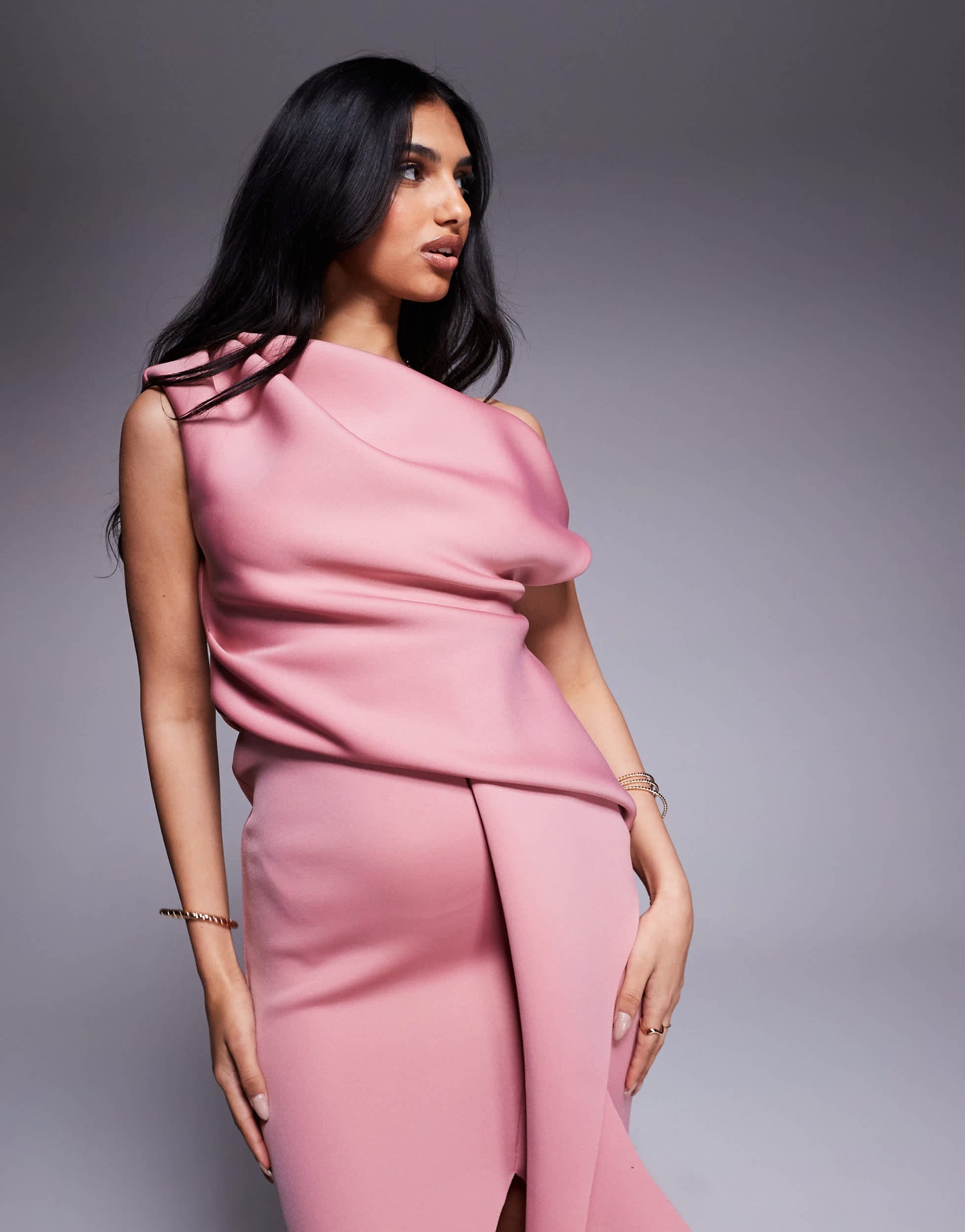 ASOS DESIGN  fallen shoulder manipulated fold midi dress in dusty rose in scuba-style fabric