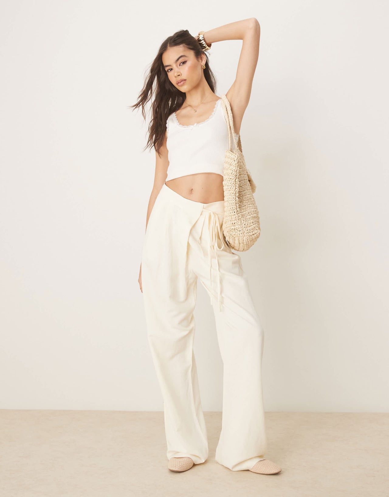 ASOS DESIGN Tall tailored linen wrap tie trousers in ivory