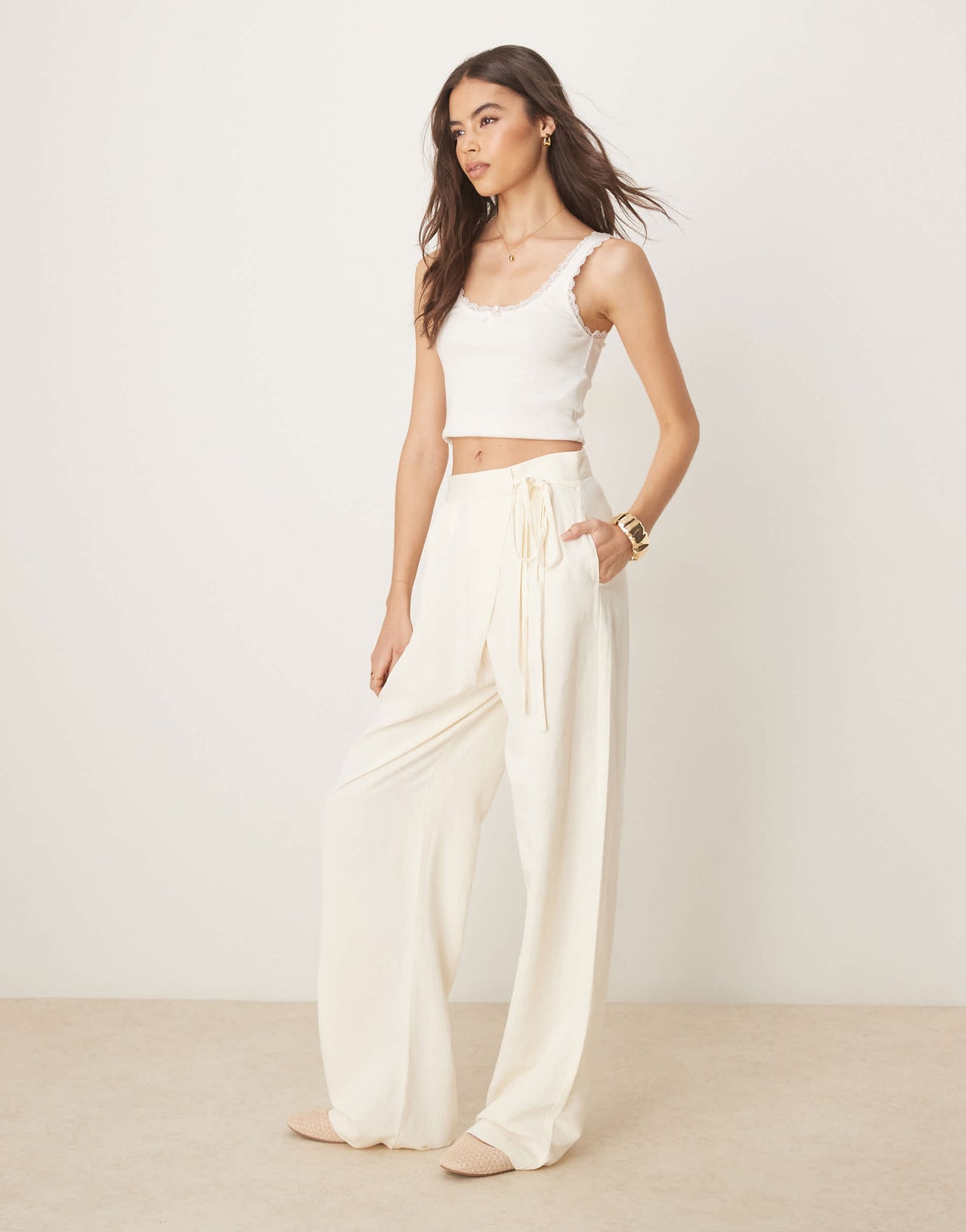 ASOS DESIGN Tall tailored linen wrap tie trousers in ivory