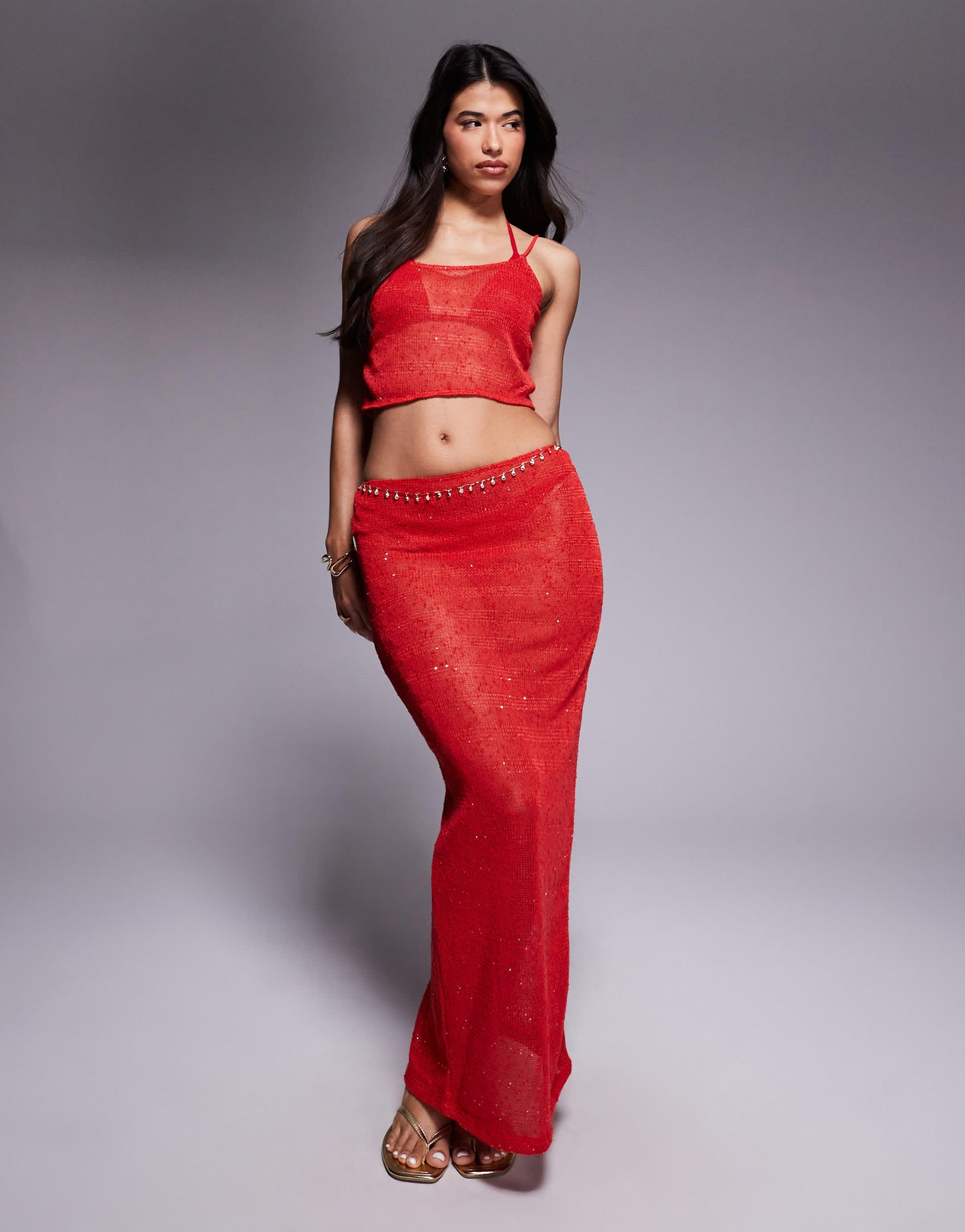 South Beach knitted sequin cami top in red