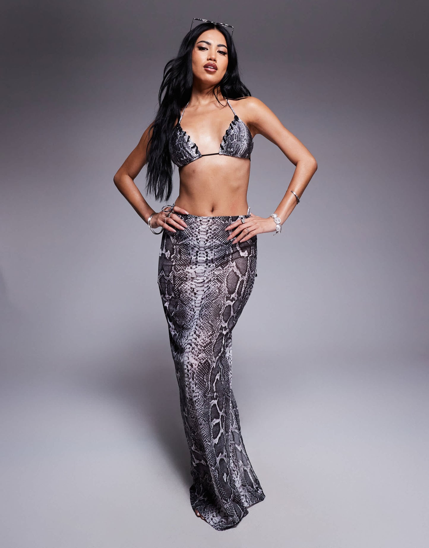 South Beach snake print mesh maxi beach skirt in grey