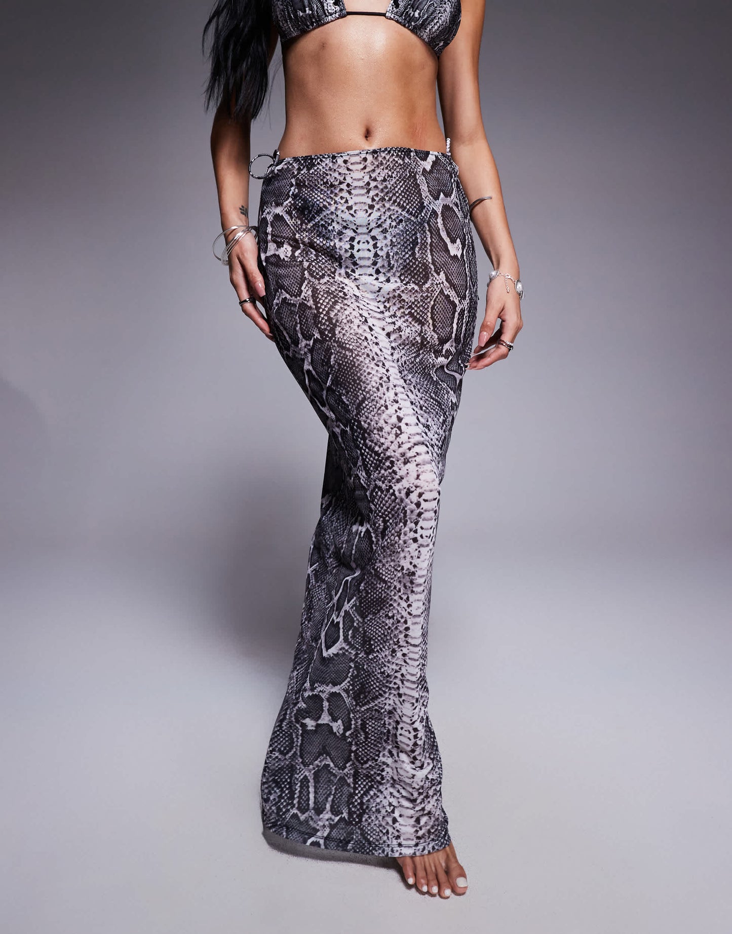 South Beach snake print mesh maxi beach skirt in grey