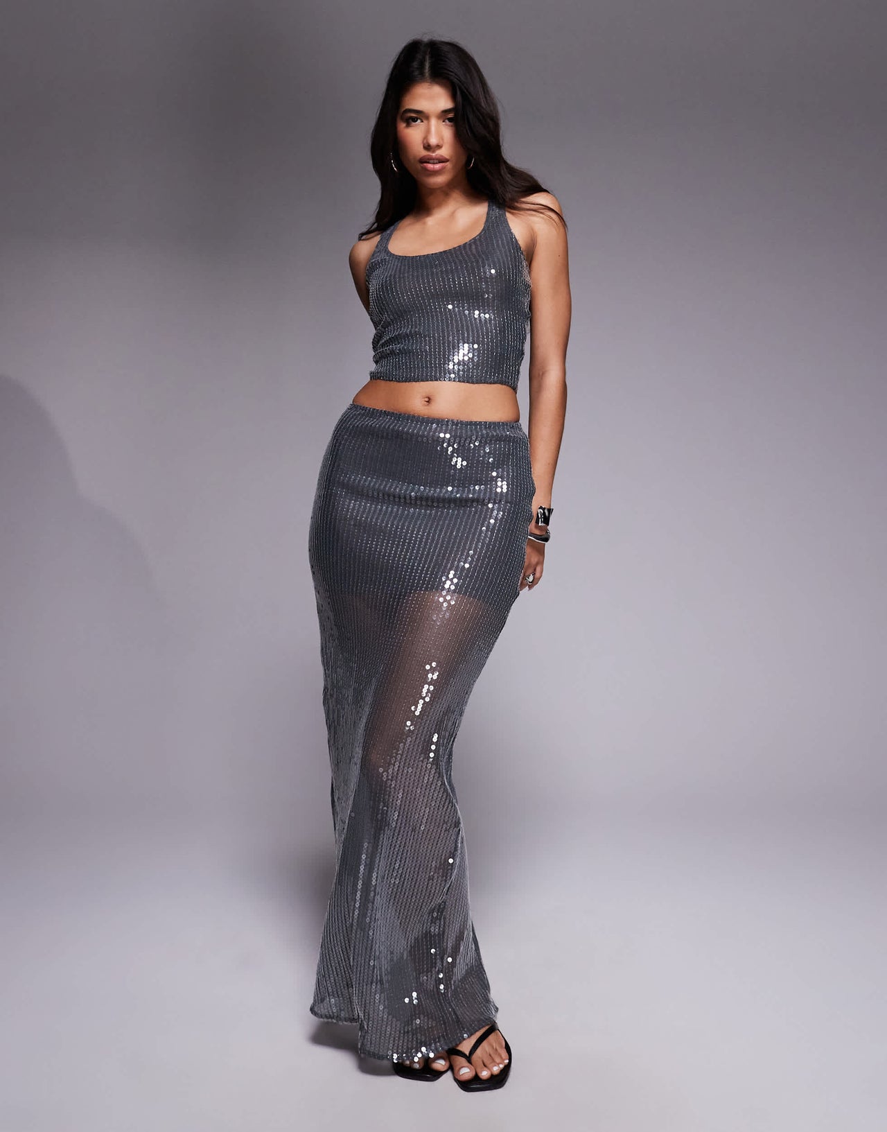 South Beach sequin maxi beach skirt in silver