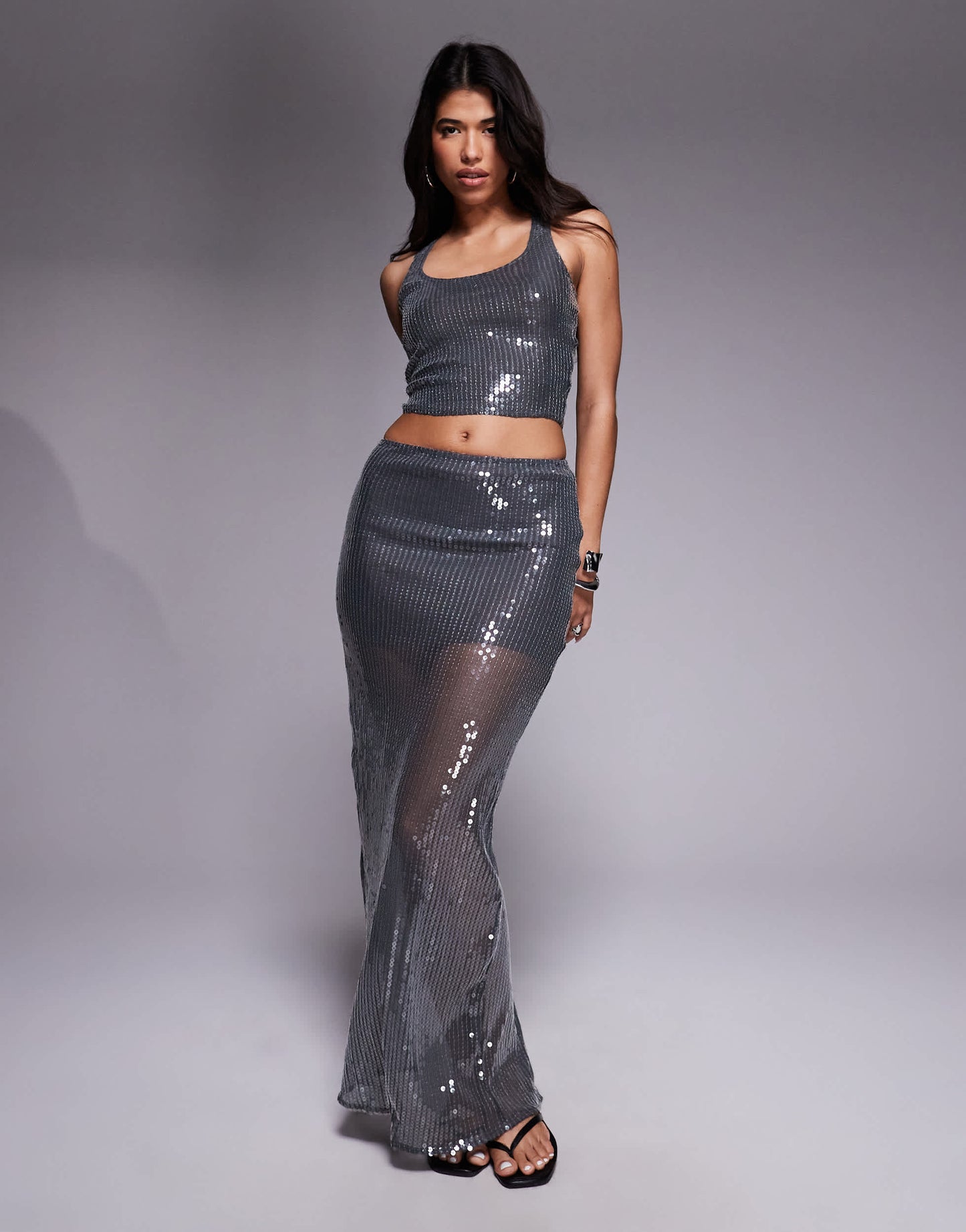 South Beach sequin maxi beach skirt in silver