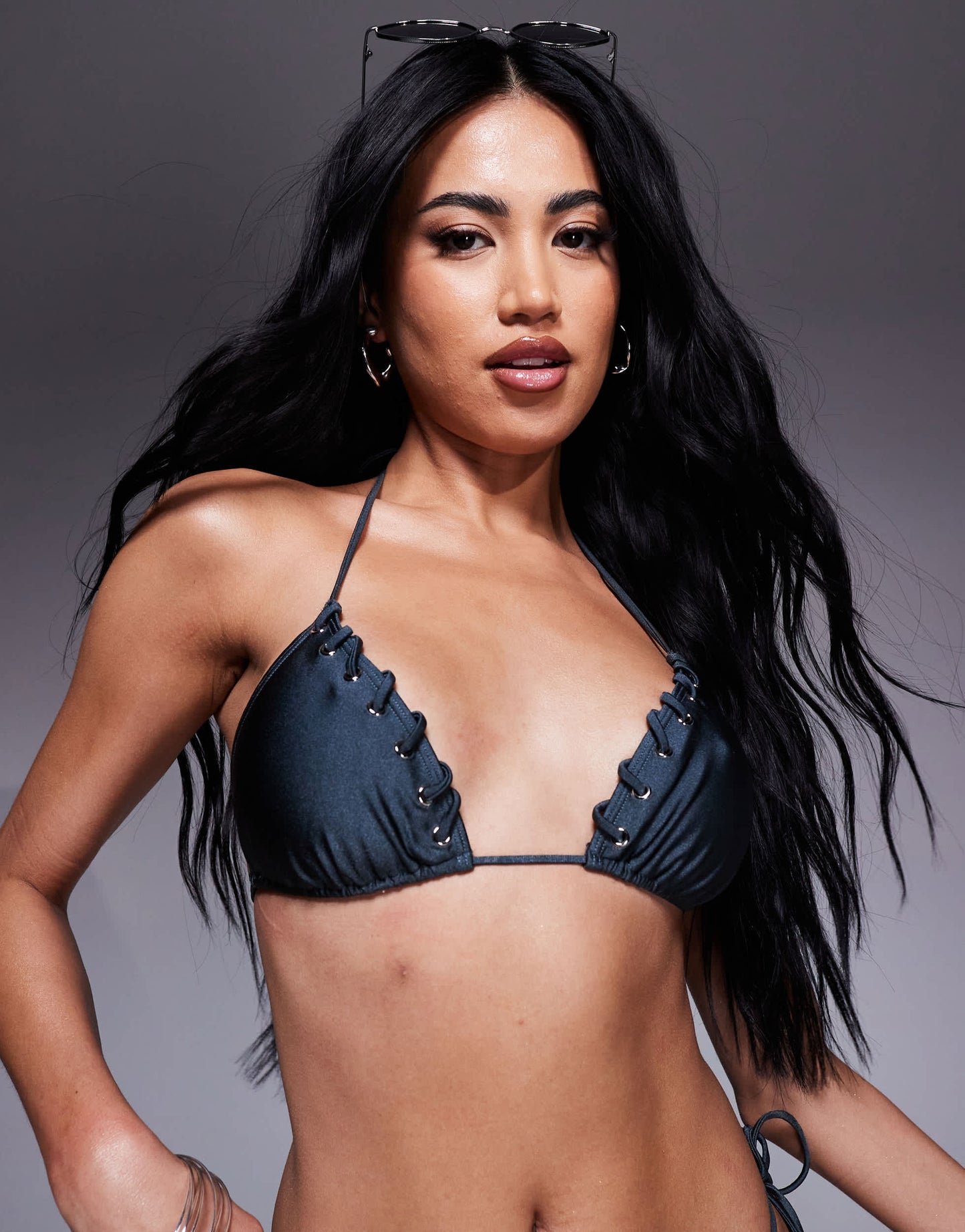 South Beach whipstitch triangle bikini top in mid blue
