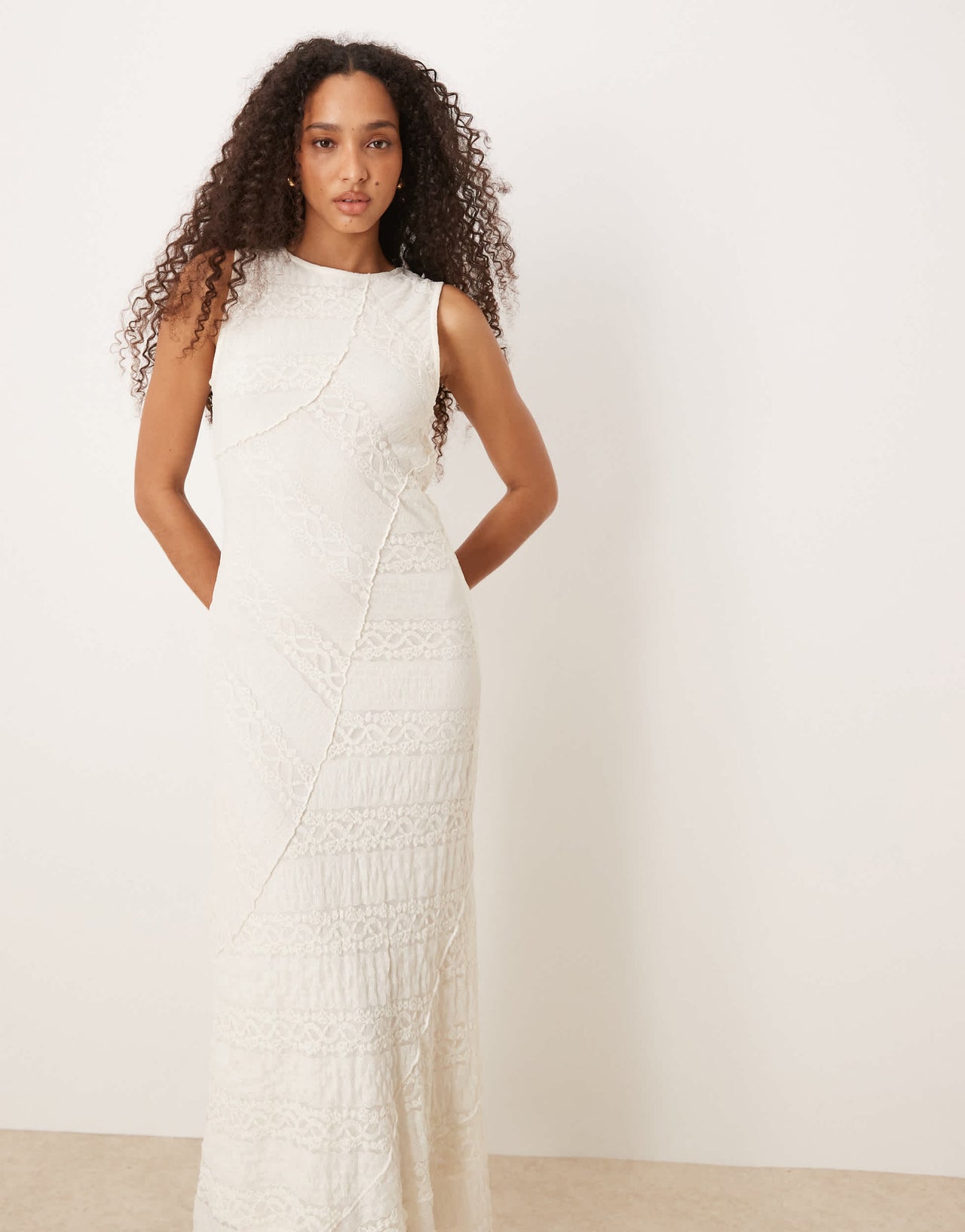 Gina Tricot antique lace craft sleeveless assymetric hem midi dress in natural off white