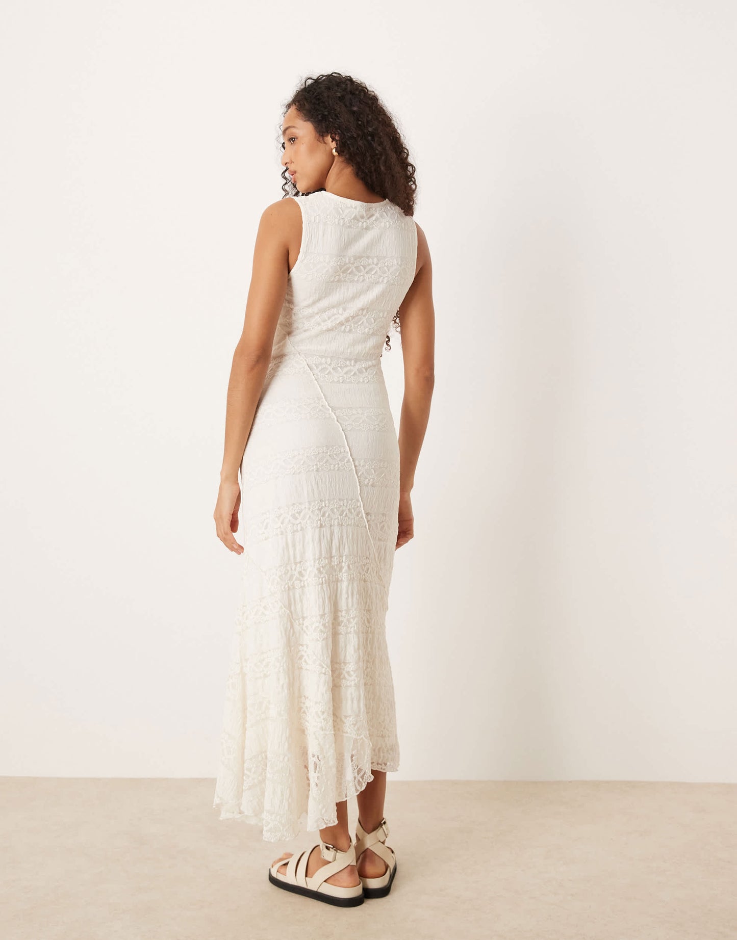 Gina Tricot antique lace craft sleeveless assymetric hem midi dress in natural off white