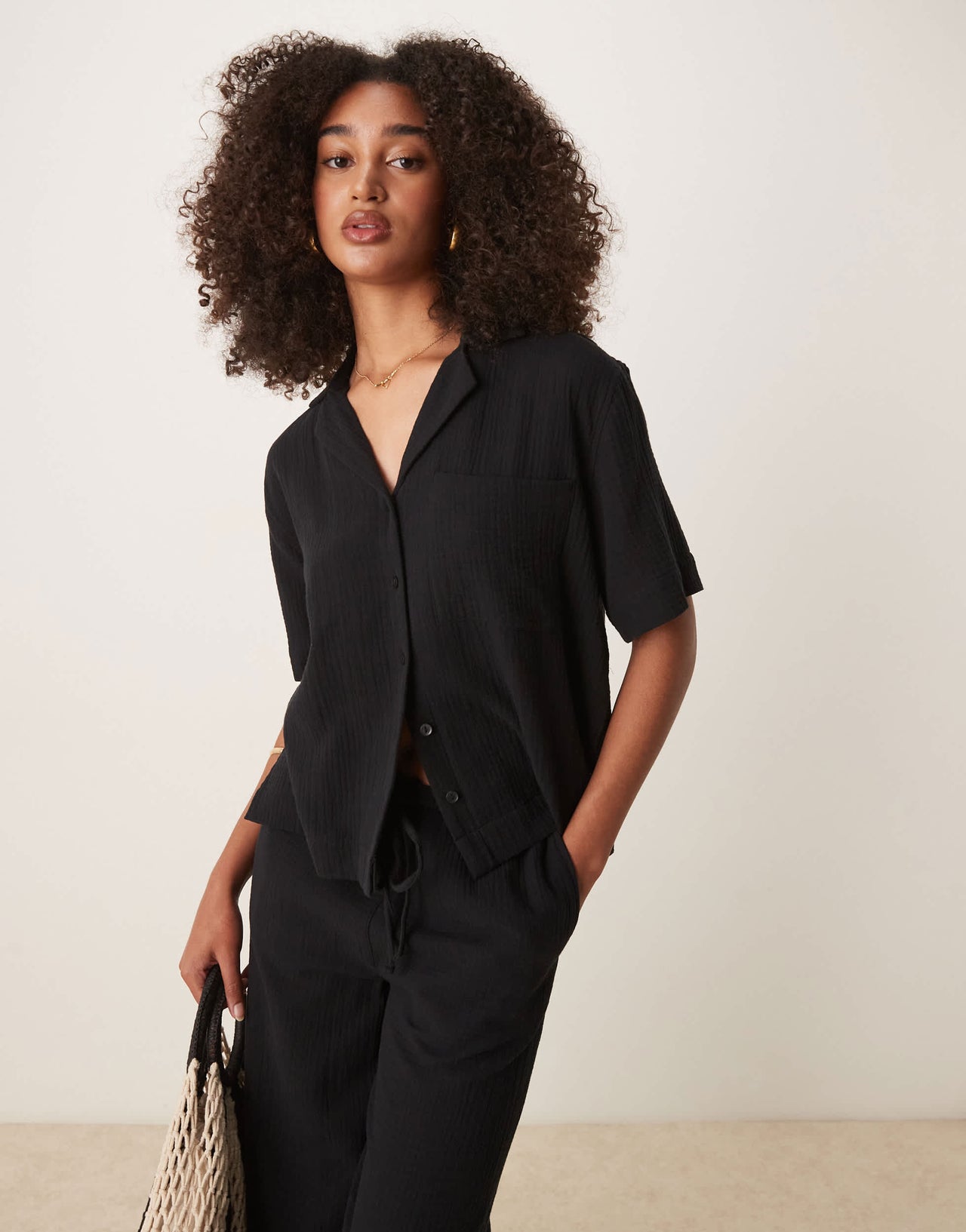 Gina Tricot co-ord relaxed fit gauze short sleeve shirt in black