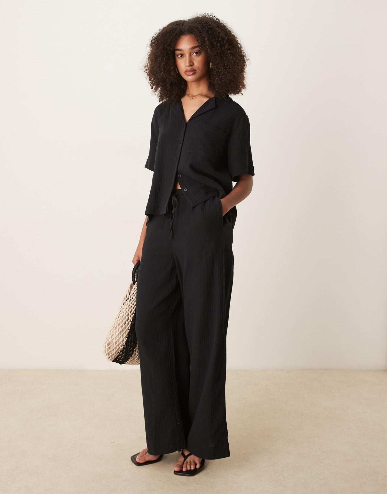 Gina Tricot co-ord relaxed fit gauze short sleeve shirt in black